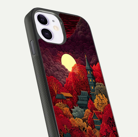Scarlet Autumn Temple Glass Case for iPhone 11 close-up angled shot highlighting golden leaves and reflection