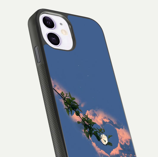 Sky Under Tree Glass Case for iPhone 11 close-up angled shot highlighting detail, color, and reflection