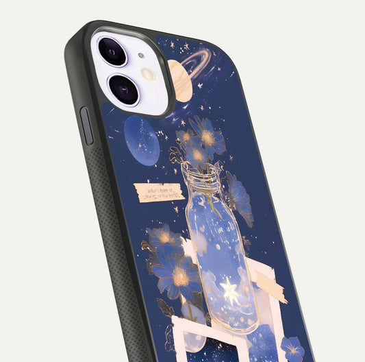 Starlit Cosmic Jar Glass Case for iPhone 11 close-up angled shot highlighting stars, reflections, and HD shine
