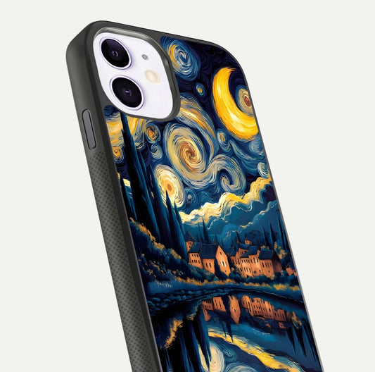 Starry Sky Serenity Glass Case for iPhone 11 close-up angled shot highlighting light reflection and blue hues