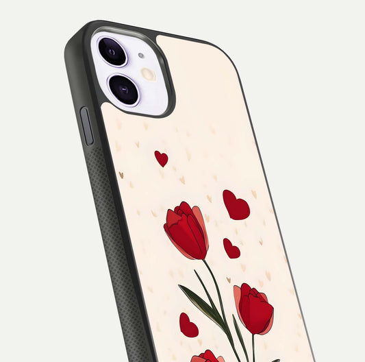 Tulip With Heart Glass Case for iPhone 11 close-up angled shot highlighting petal details and reflection