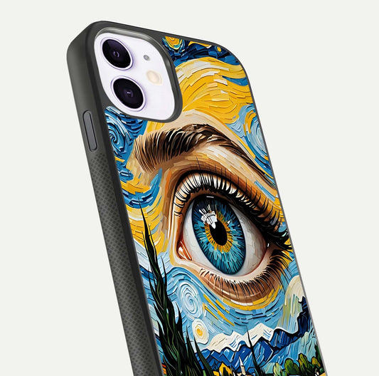 Van Gogh Eye Glass Case for iPhone 16 Pro close-up angled shot highlighting color blend and gloss reflection
