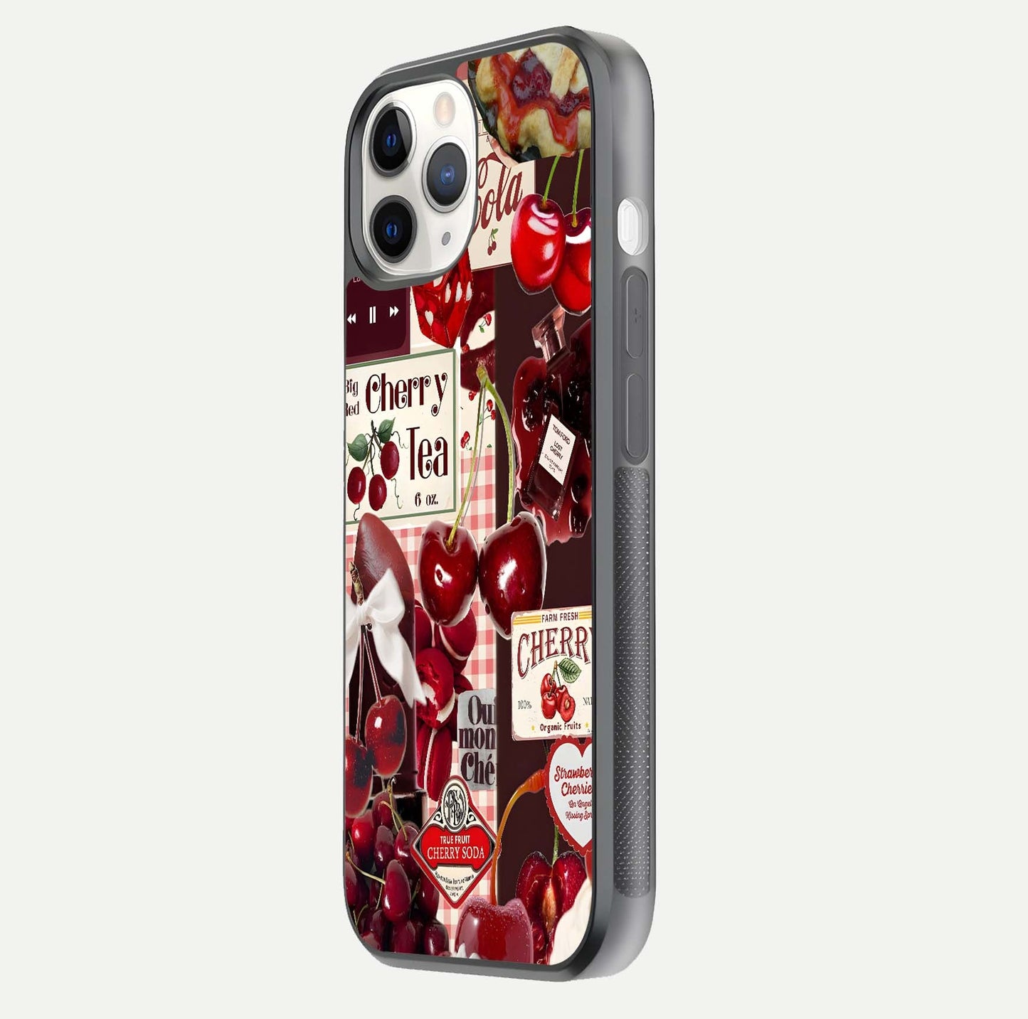 Aesthetic Cherry Tea Glass Case for iPhone 11 Pro side-angle image showing cherry collage print, camera module, and glossy finish reflection