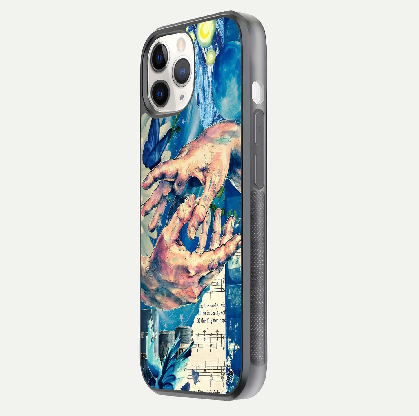 Aesthetic Divider Glass Case for iPhone 16 Pro side-angle image showing divider pattern print, camera module, and glossy finish reflection