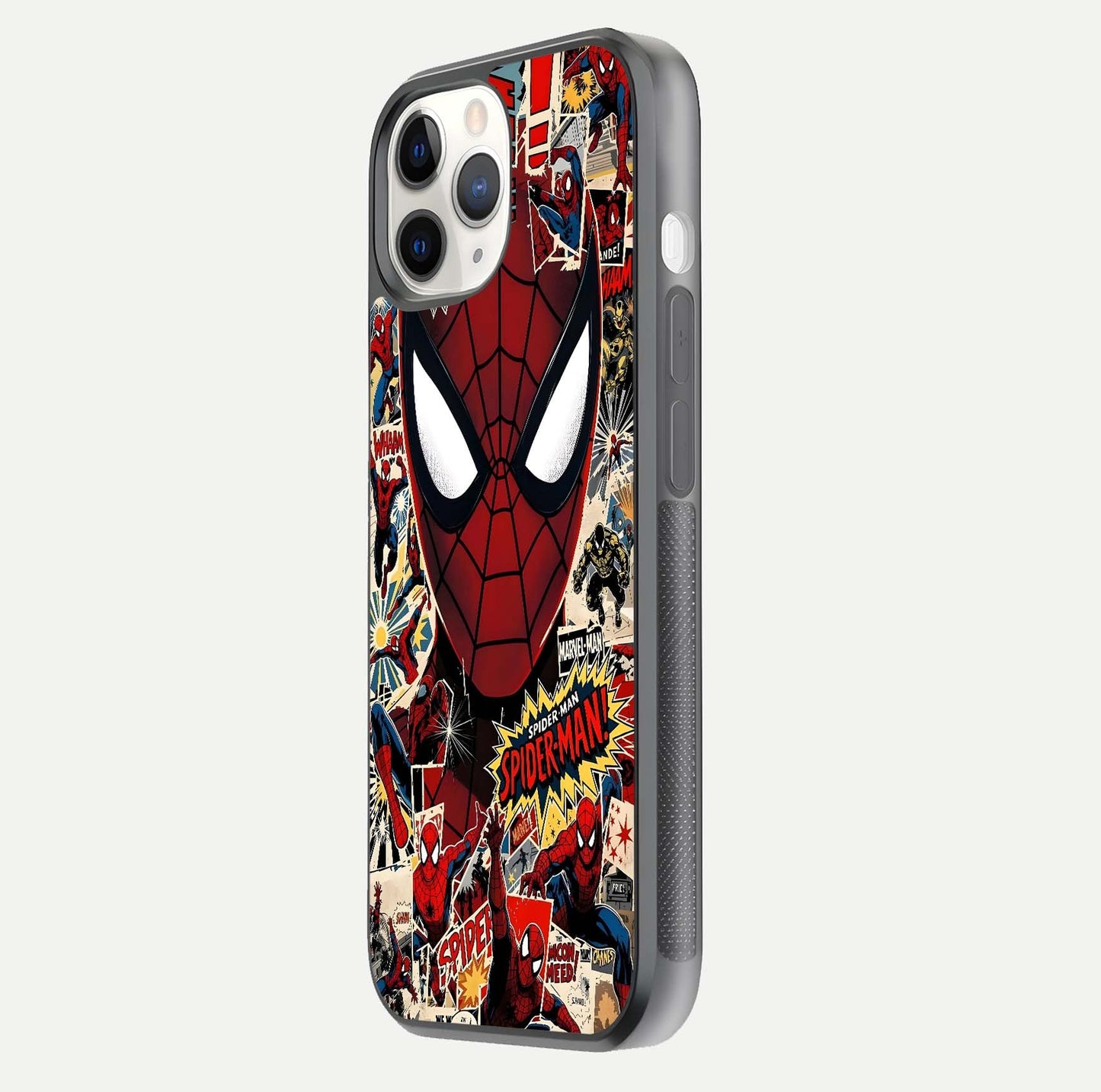 Aesthetic Wonder Spider Glass Case for iPhone 16 Pro side-angle shot showing red-blue tones and durable protective frame