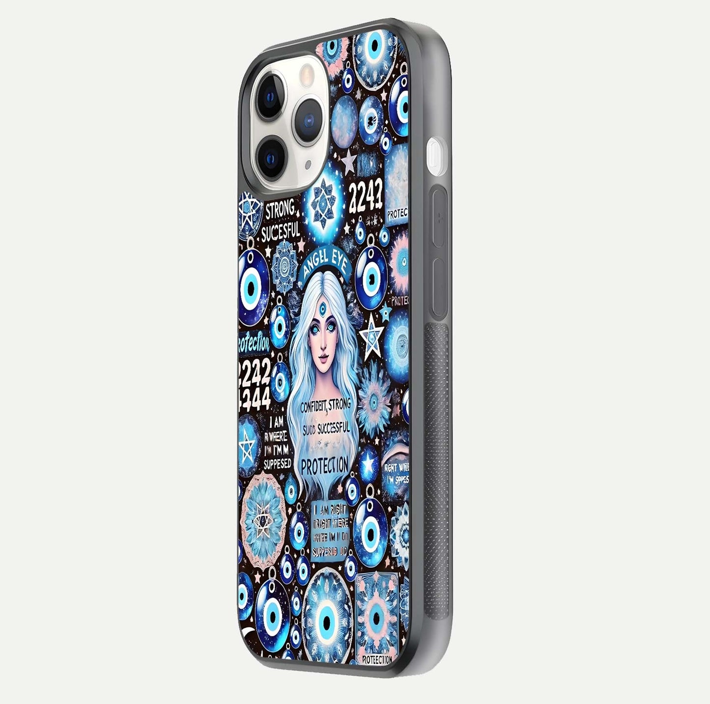 Angel Aura Shield Glass Case for iPhone 16 Pro side-angle photo showcasing aura details and glossy surface reflection