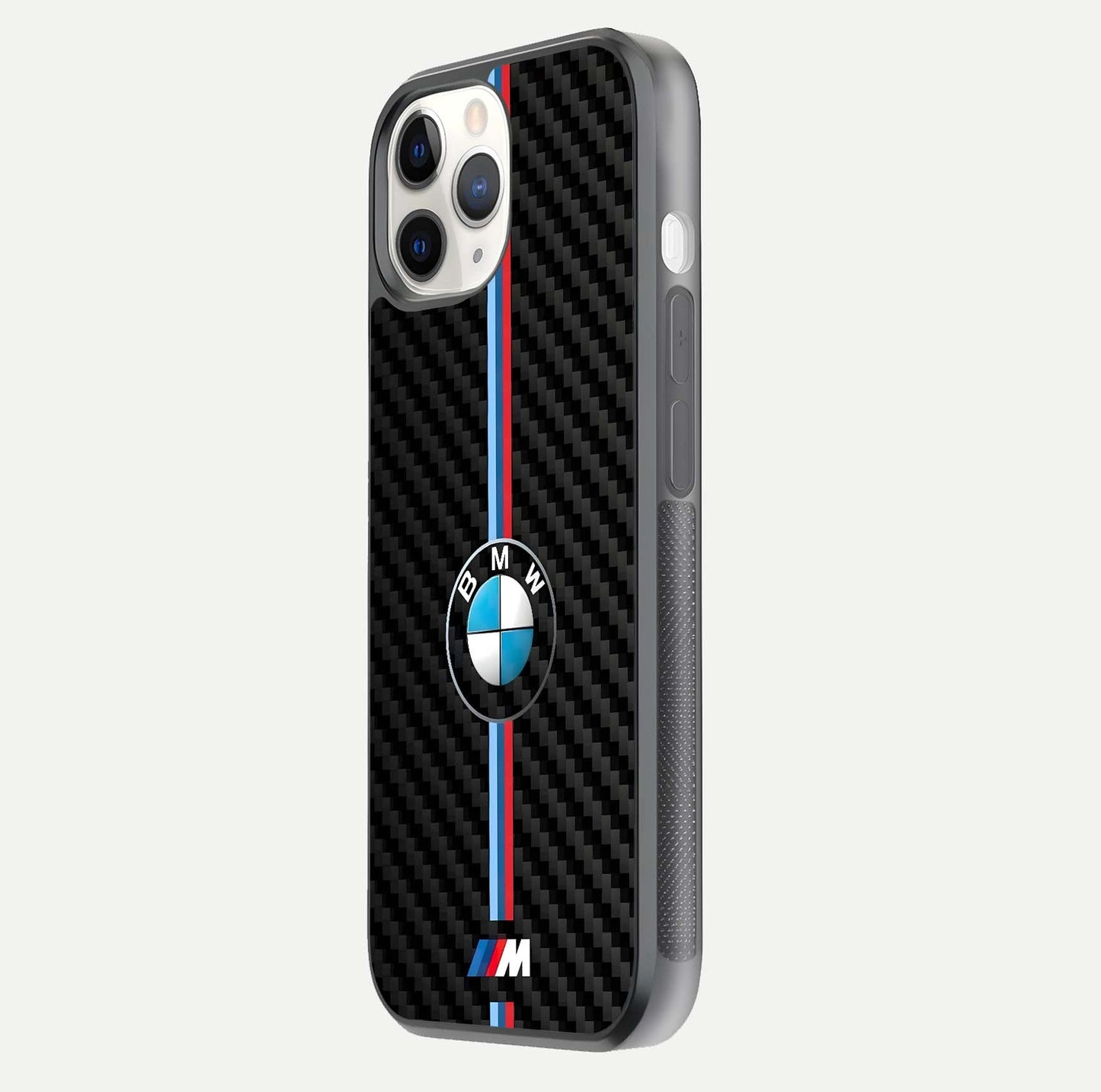 BMW Pattern Glass Case for iPhone 11 Pro side-angle image showing edge finish and luxury car-inspired shine