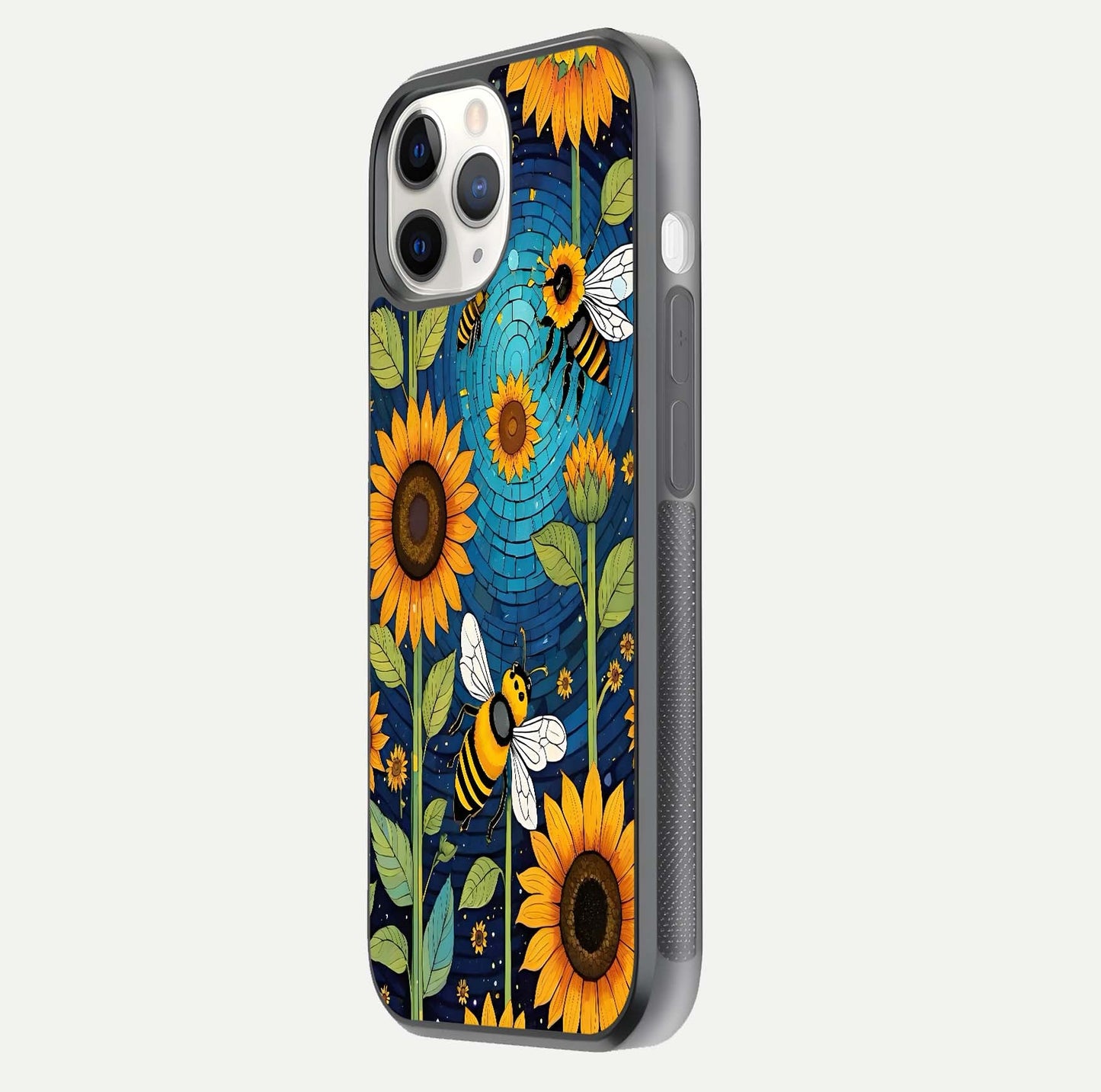 Bees & Sunflowers Glass Case for iPhone 11 Pro side-angle image showing bee pattern alignment and shiny protective surface