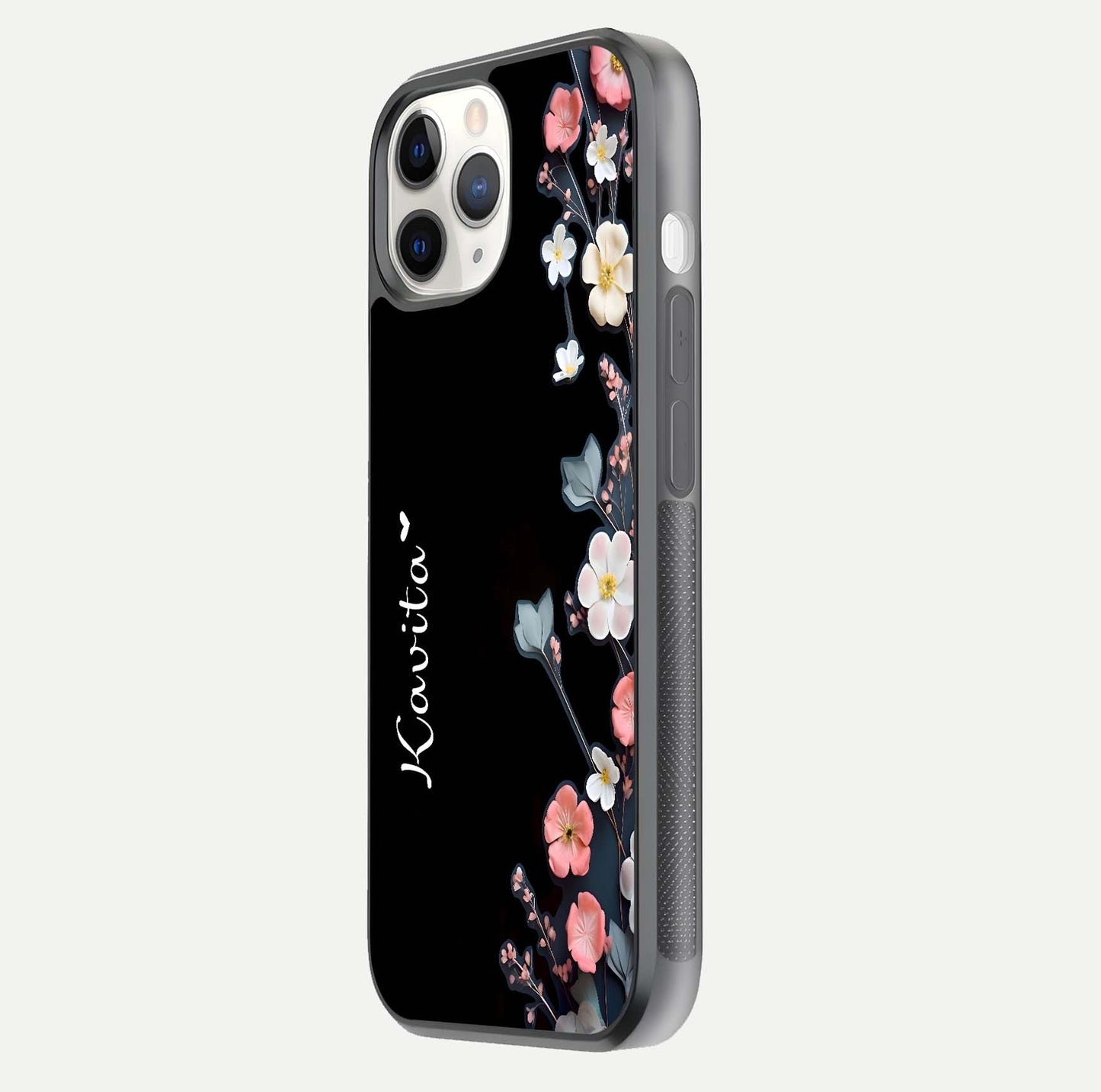 Black Elegance Floral Custom Name Glass Case for iPhone 16 Pro side-angle showing black gloss depth and delicate print texture