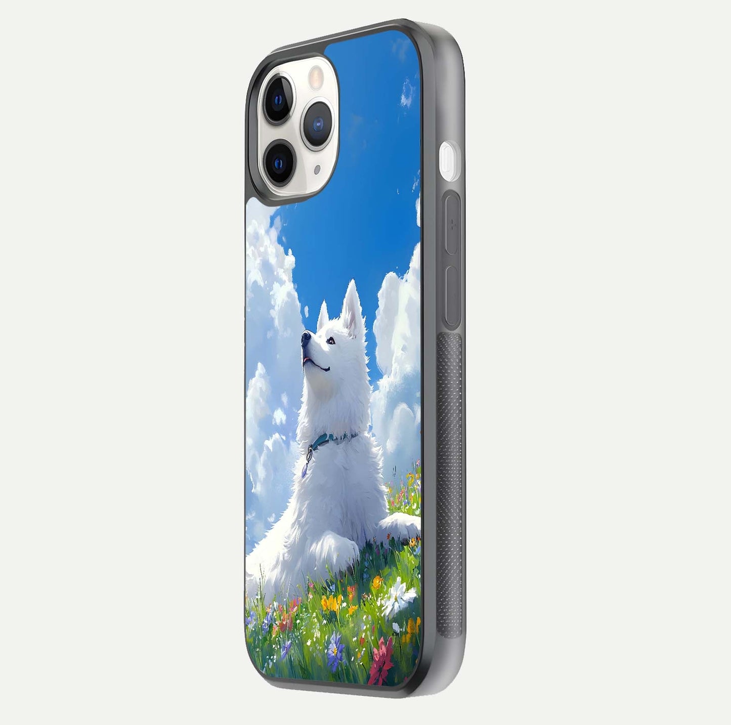 Blissful Cloud Pup Glass Case for iPhone 16 Pro side-angle shot displaying puppy print and glossy texture