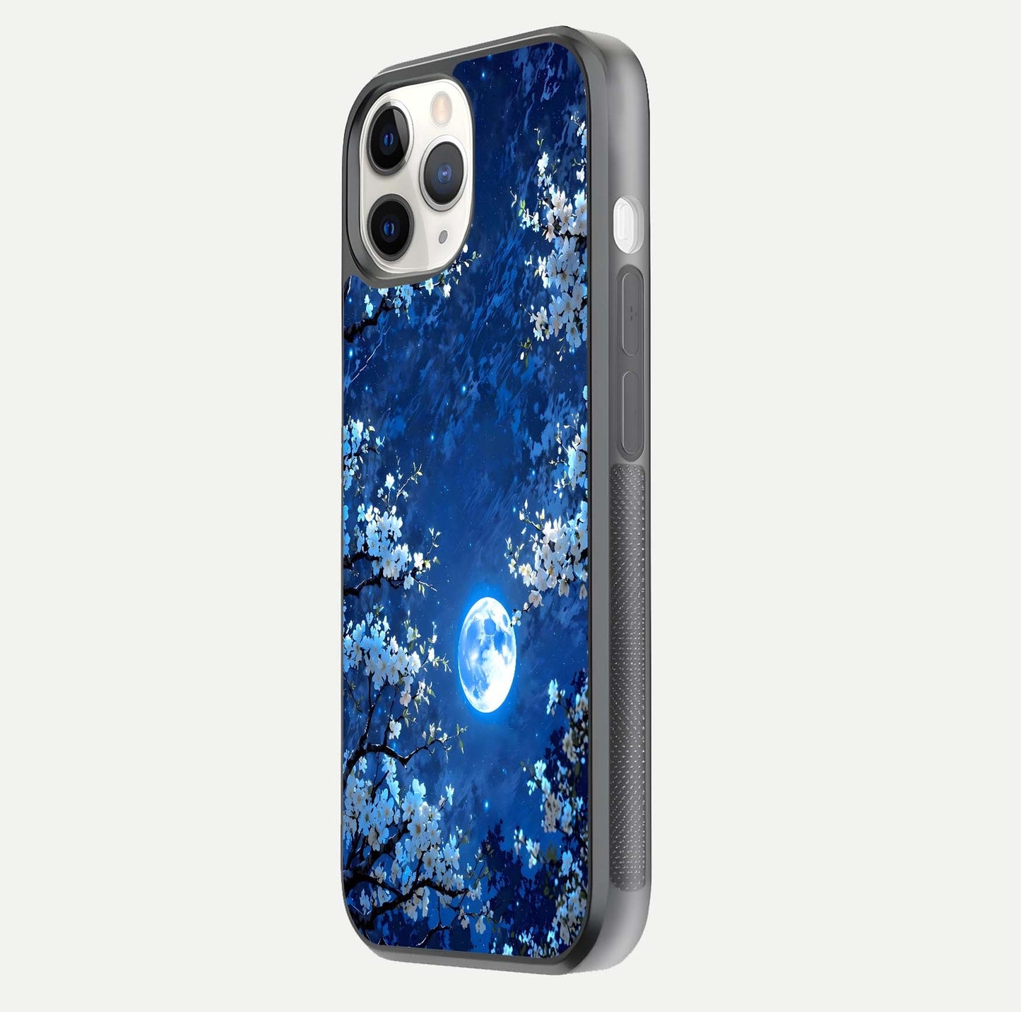 Blossom Moonlight Sky Glass Case for iPhone 11 Pro side-angle view emphasizing moonlight tones and protective edge
