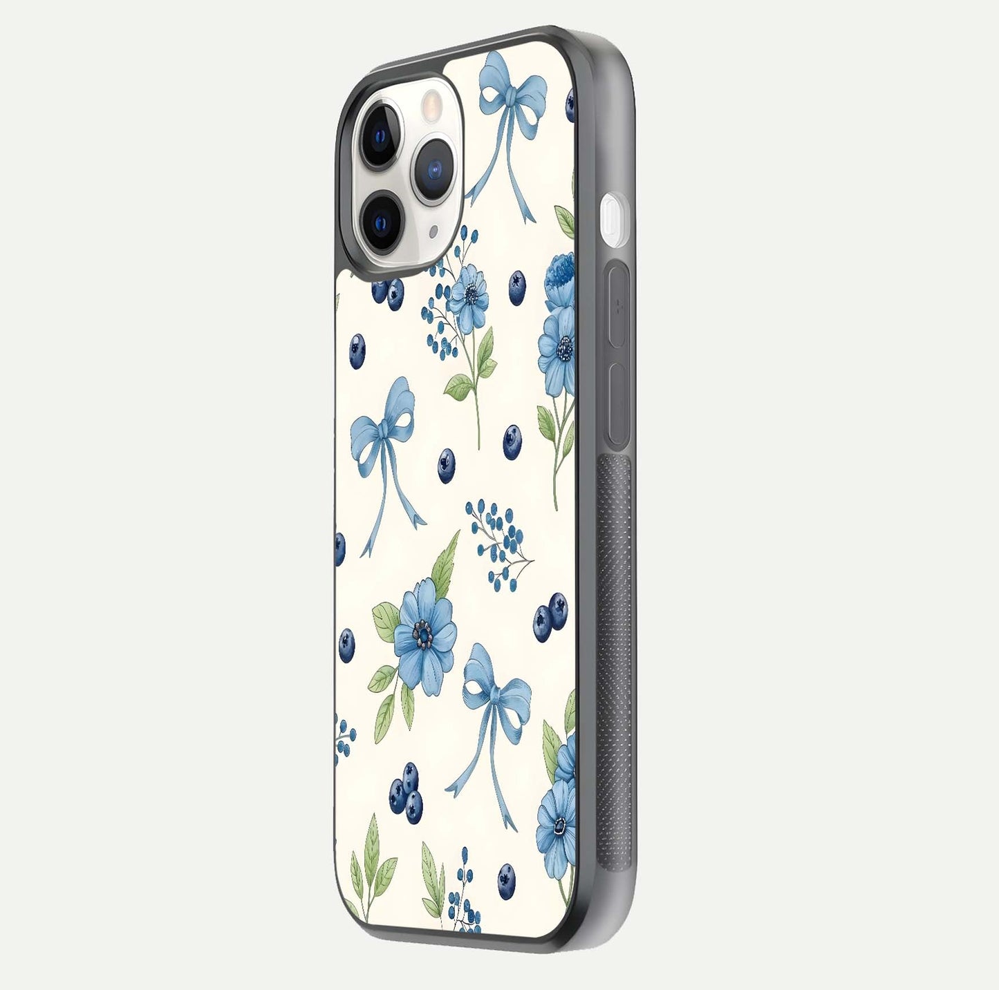 Blue Flower & Bow Glass Case for iPhone 11 Pro side-angle image showing bow-floral mix and HD finish shine
