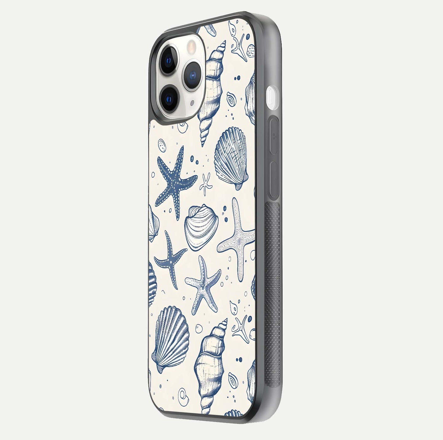 Blue Ocean Outline Glass Case for iPhone 11 Pro side-angle view showing clear edge lines and oceanic blue glow