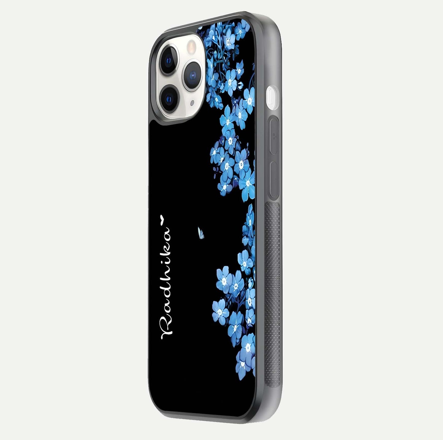 Blue Petal Dream Custom Name Glass Case for iPhone 11 Pro side-angle image showing name print clarity and smooth gloss