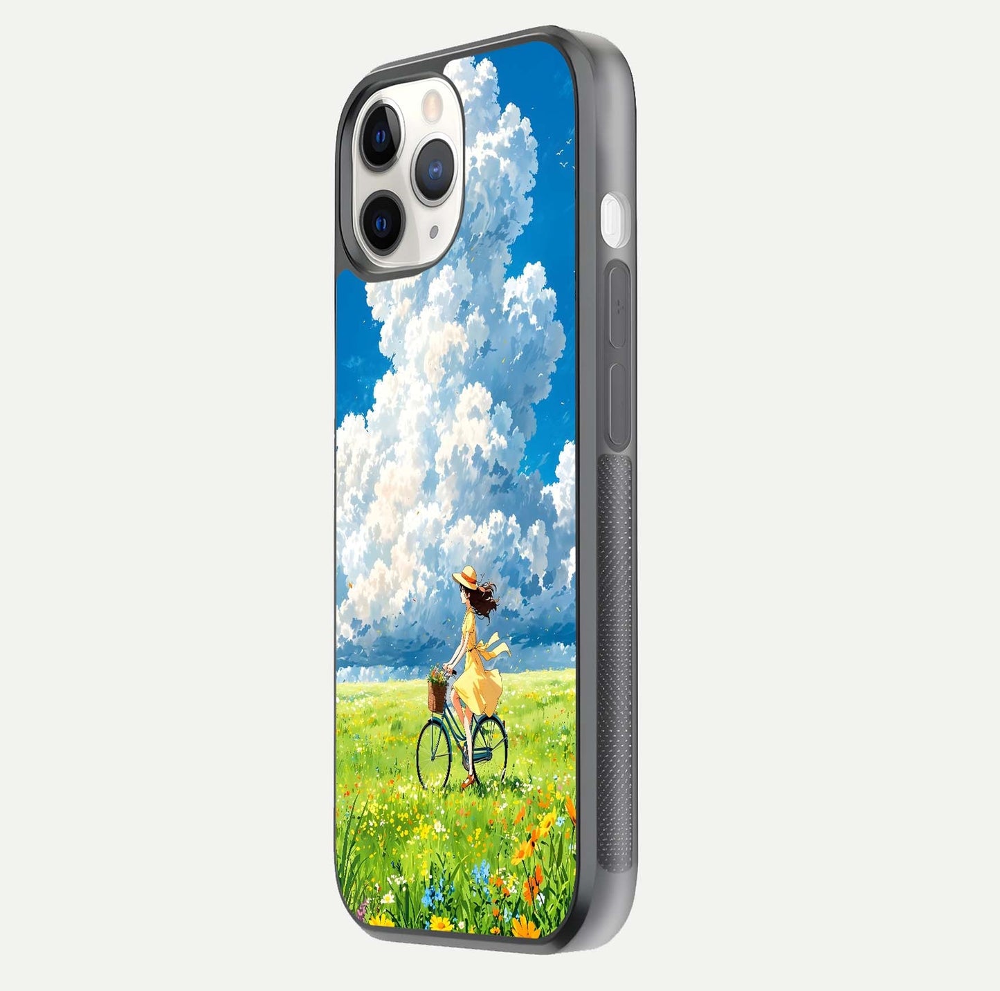 Breezy Meadow Ride Glass Case for iPhone 11 Pro side-angle image showing floral details and edge glow