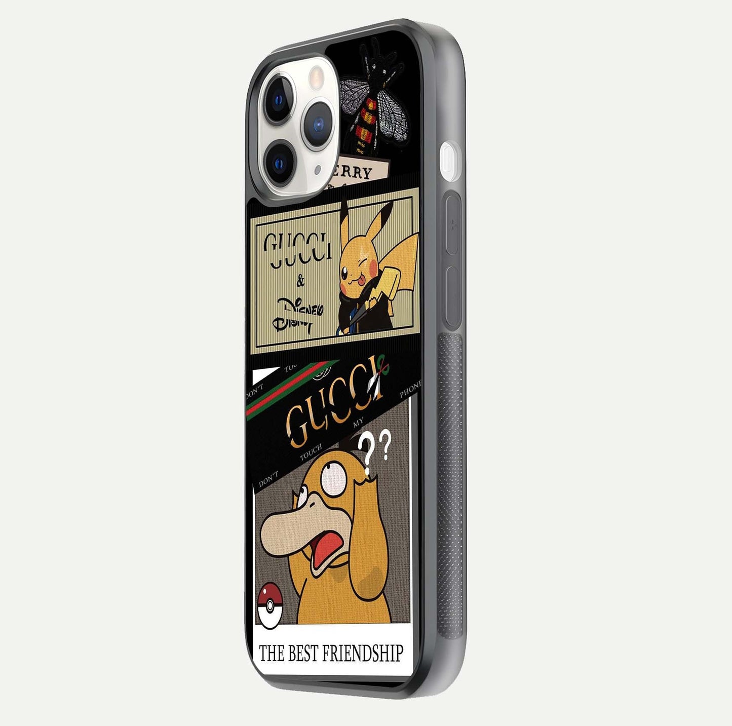 Cartoon Brand Play Mashup Glass Case for iPhone 11 Pro side-angle image showing reflection brightness and fun graphic mix