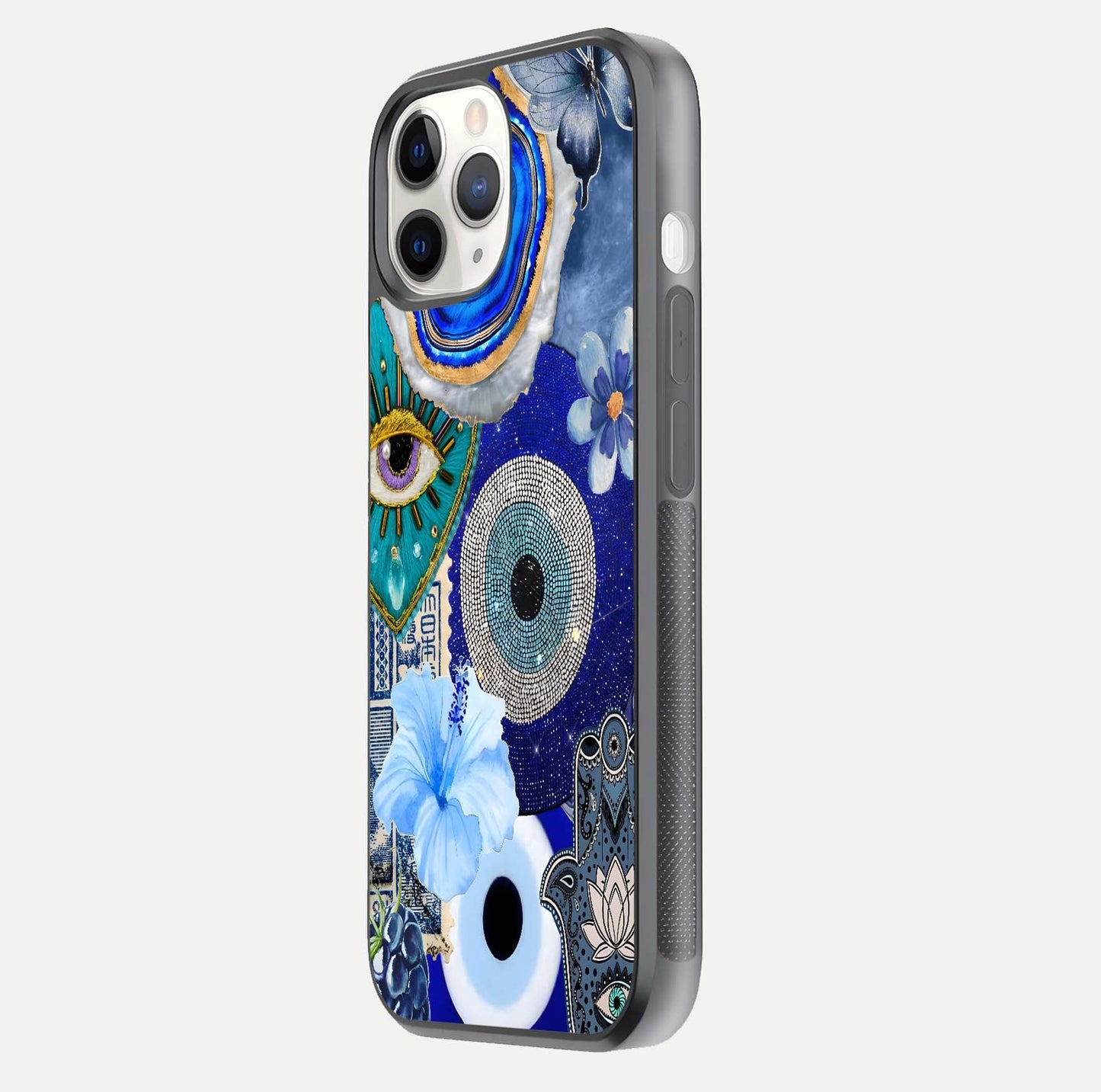 Celestial Blue Vision Glass Case for iPhone 11 Pro side-angle image capturing starlight shimmer and glass reflection