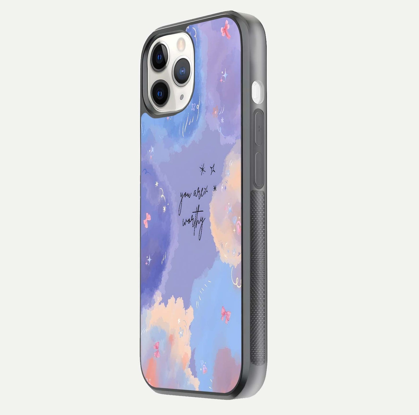 Celestial Cloud Magic Glass Case for iPhone 11 Pro side-angle photo showing edge reflection and dreamy texture