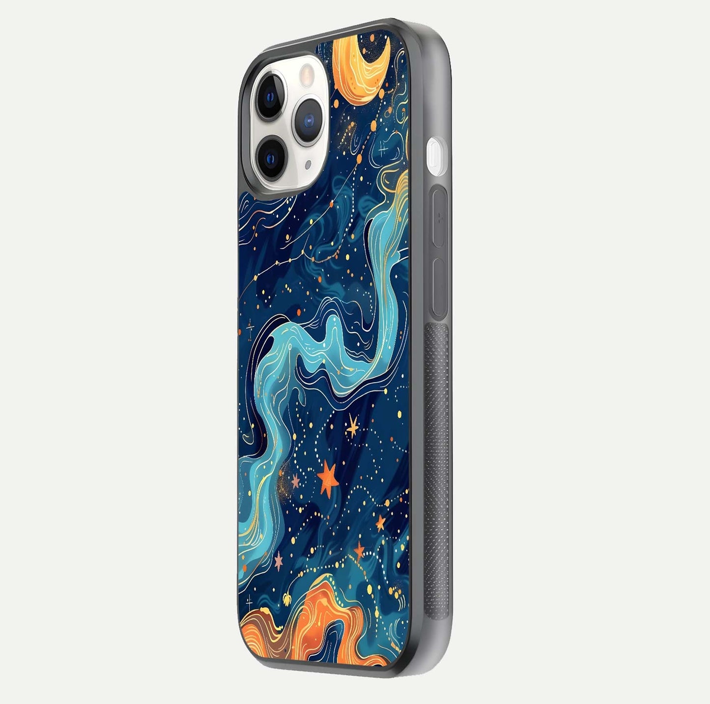 Celestial Dream Flow Glass Case for iPhone 11 Pro side-angle image capturing color swirl and glass reflection