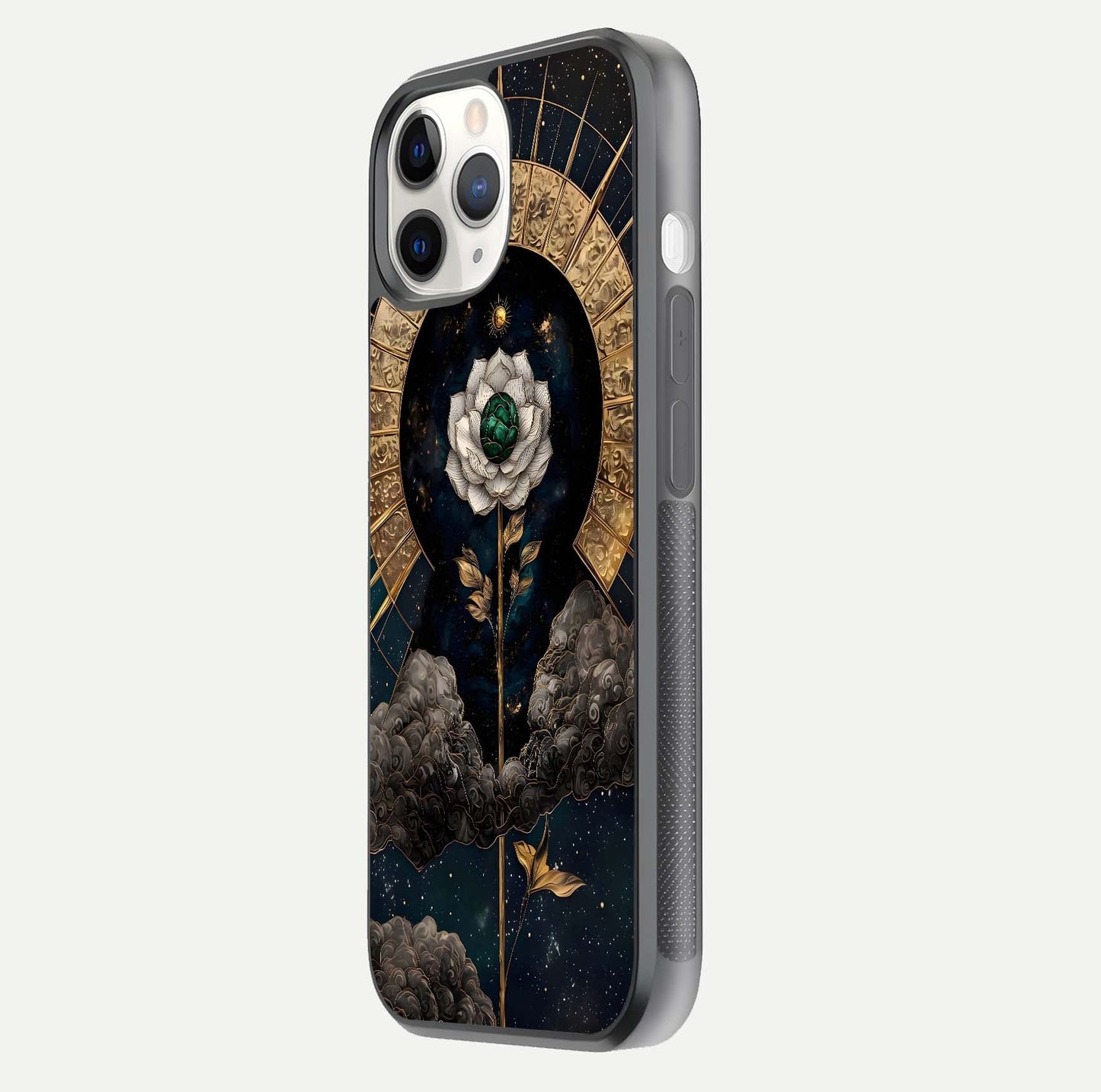 Celestial Lotus Morang Glass Case for iPhone 11 Pro side-angle image capturing shine and smooth curvature