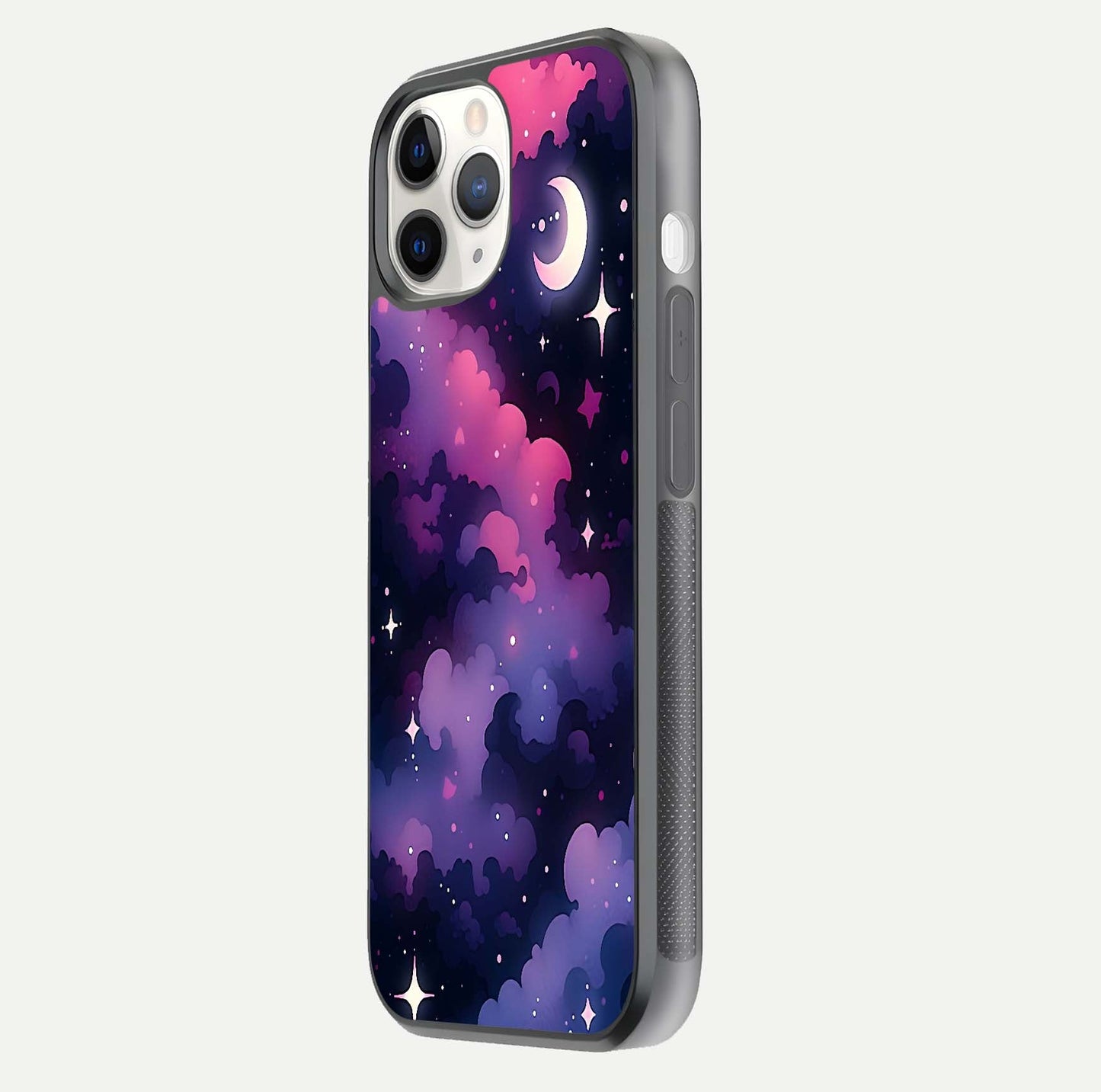 Celestial Moon Magic Glass Case for iPhone 11 Pro side-angle shot capturing soft reflection and curved gloss