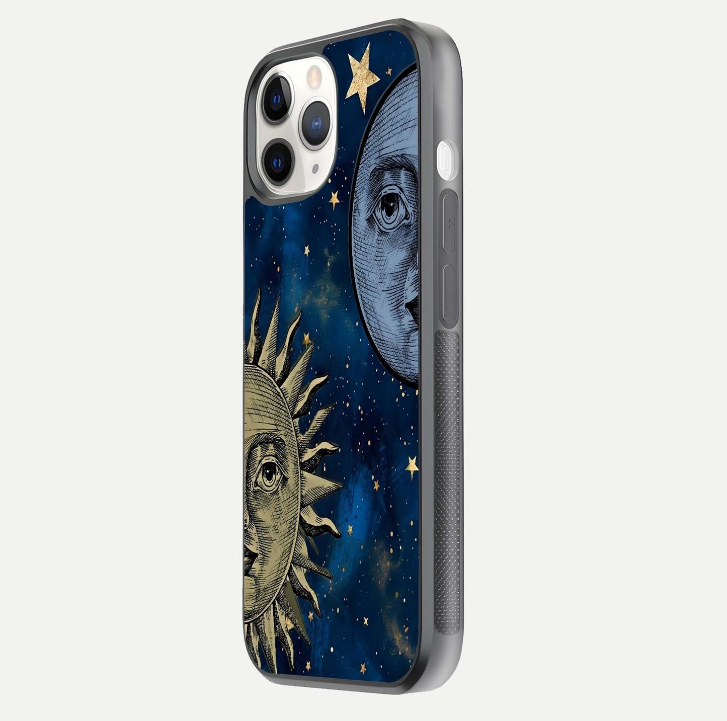 Celestial Moon With Sun Glass Case for iPhone 11 Pro side-angle image showing reflection tones and cosmic edge