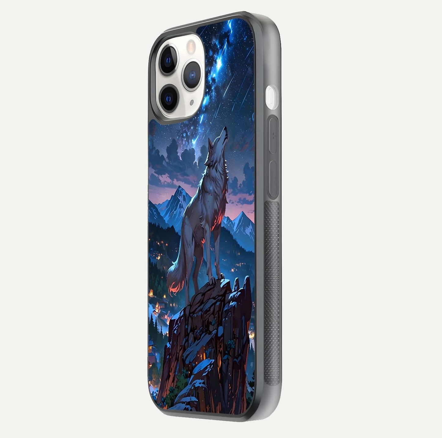 Celestial Wolf Howl Glass Case for iPhone 11 Pro side-angle image showing curve polish and moon glow