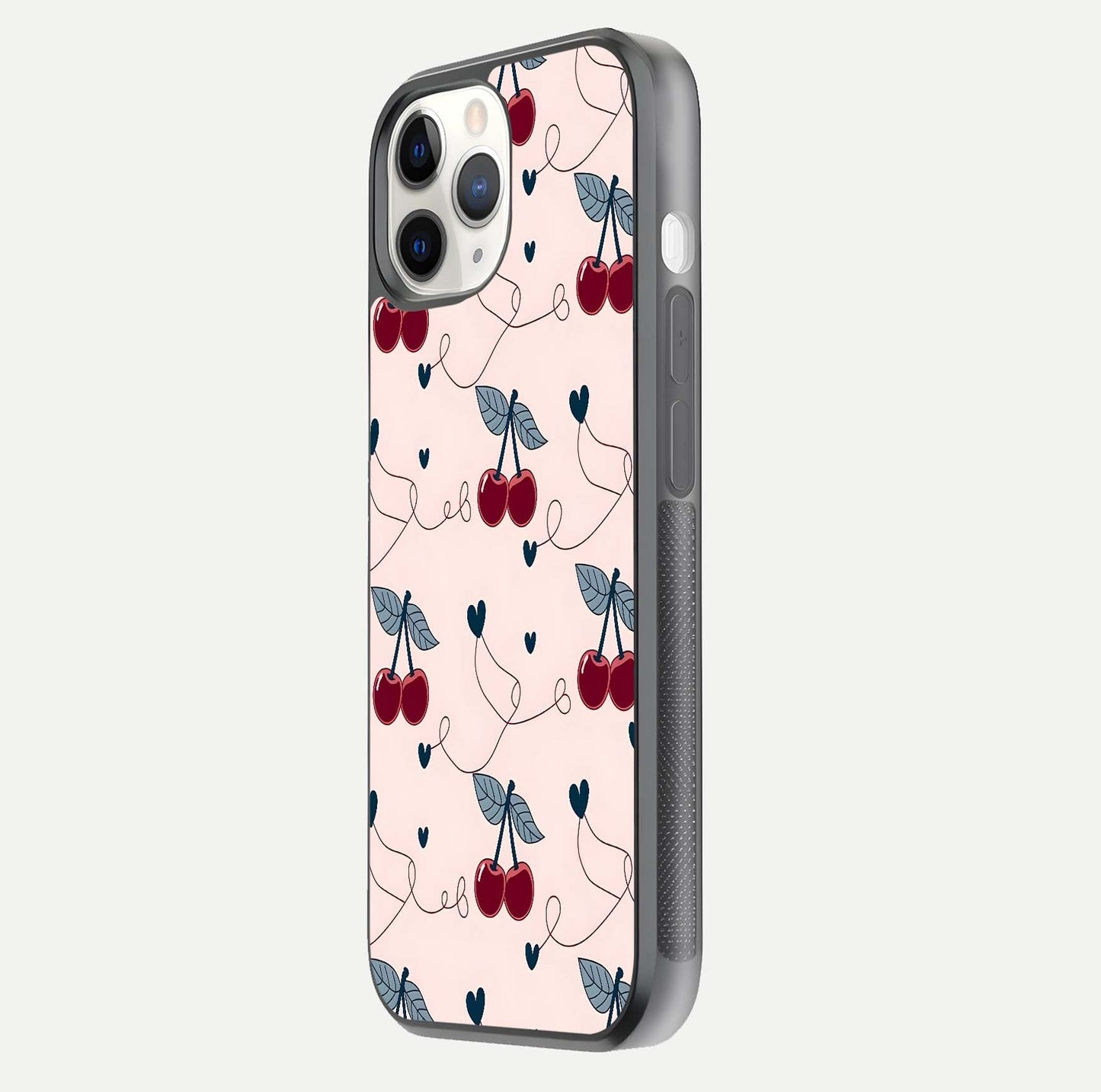 Cherry Heart Line Glass Case for iPhone 11 Pro side-angle view capturing smooth curves and shine effect