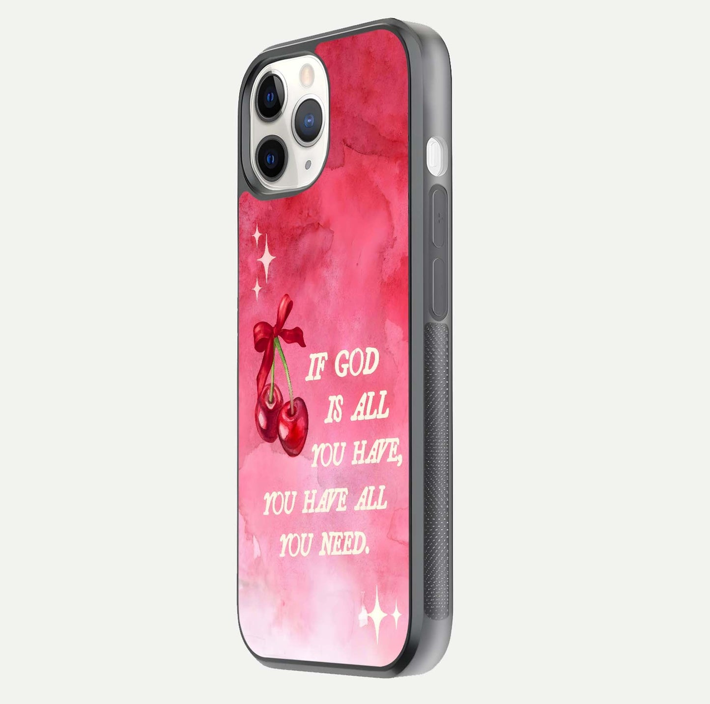 Cherry Quote Glass Case for iPhone 11 Pro side-angle image showing curve glow and glass detail