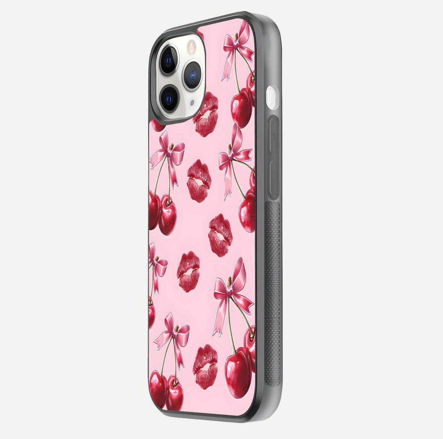 Cherry With Lips Glass Case for iPhone 11 Pro side-angle image showing gloss reflection and fine details