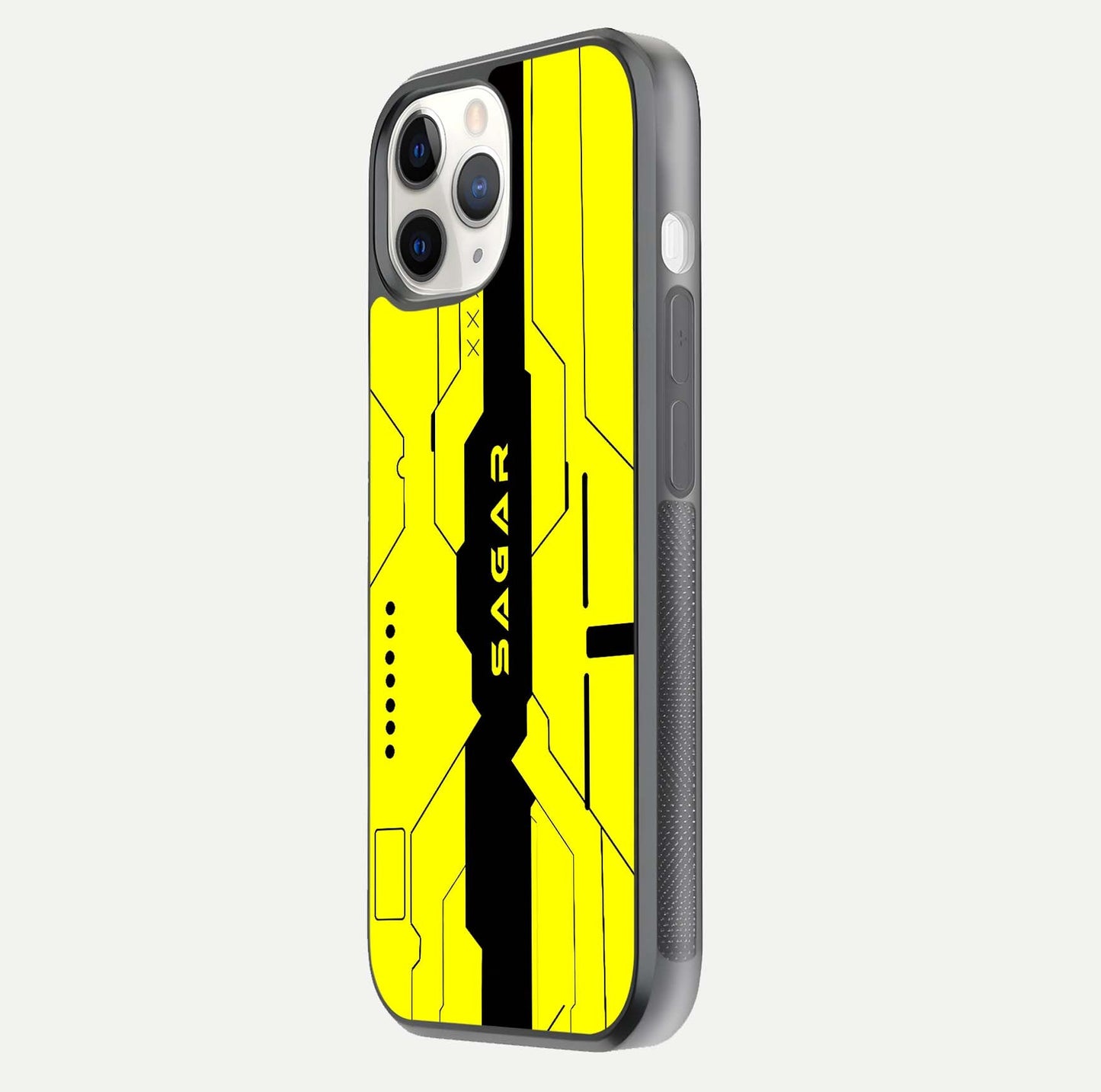 Circuit CYBERPUNK Custom Name Glass Case for iPhone 11 Pro side-angle image showing reflective finish and design precision
