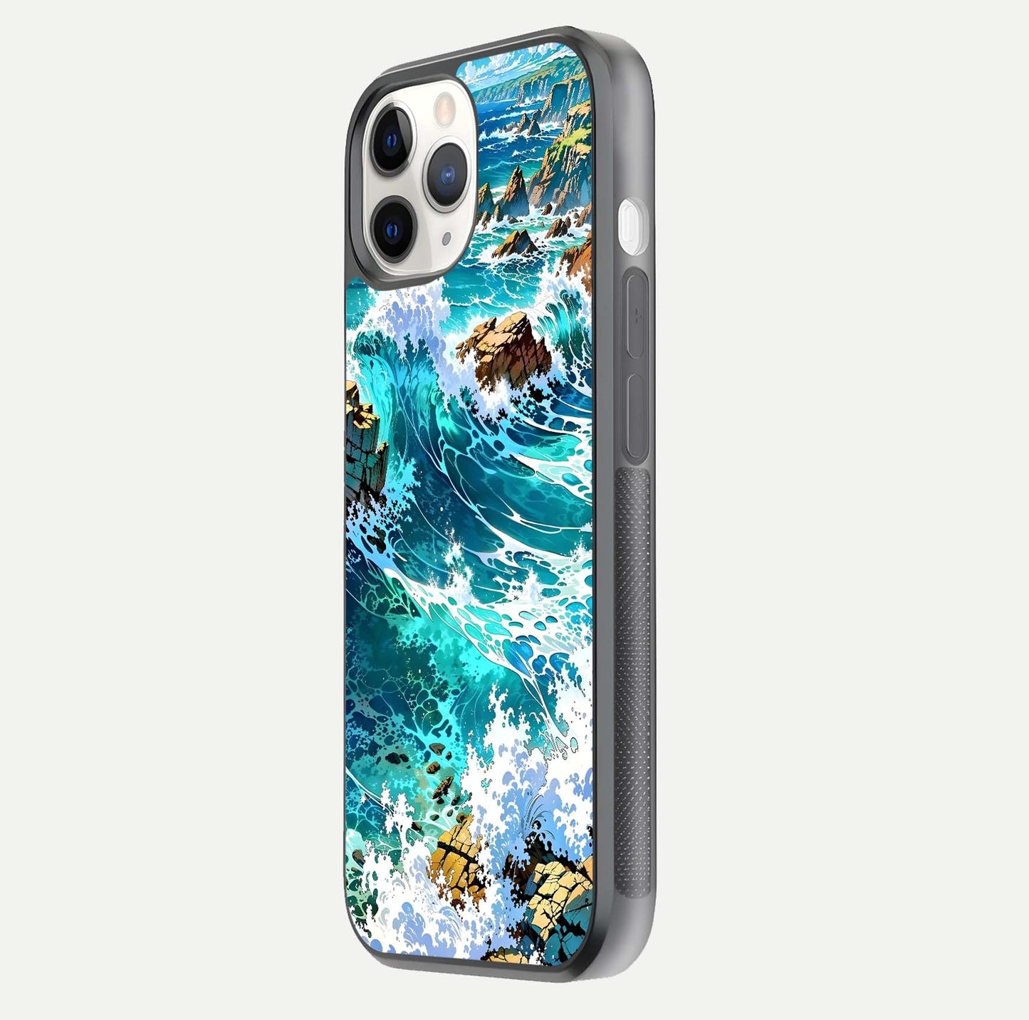 Coastal Blue Waves Glass Case for iPhone 11 Pro side-angle photo showing gloss texture and color depth
