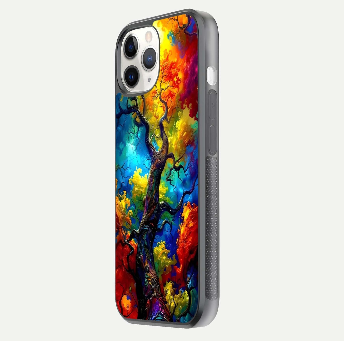 Colorful Tree Glass Case for iPhone 11 Pro side-angle image showing curve reflection and fine print texture