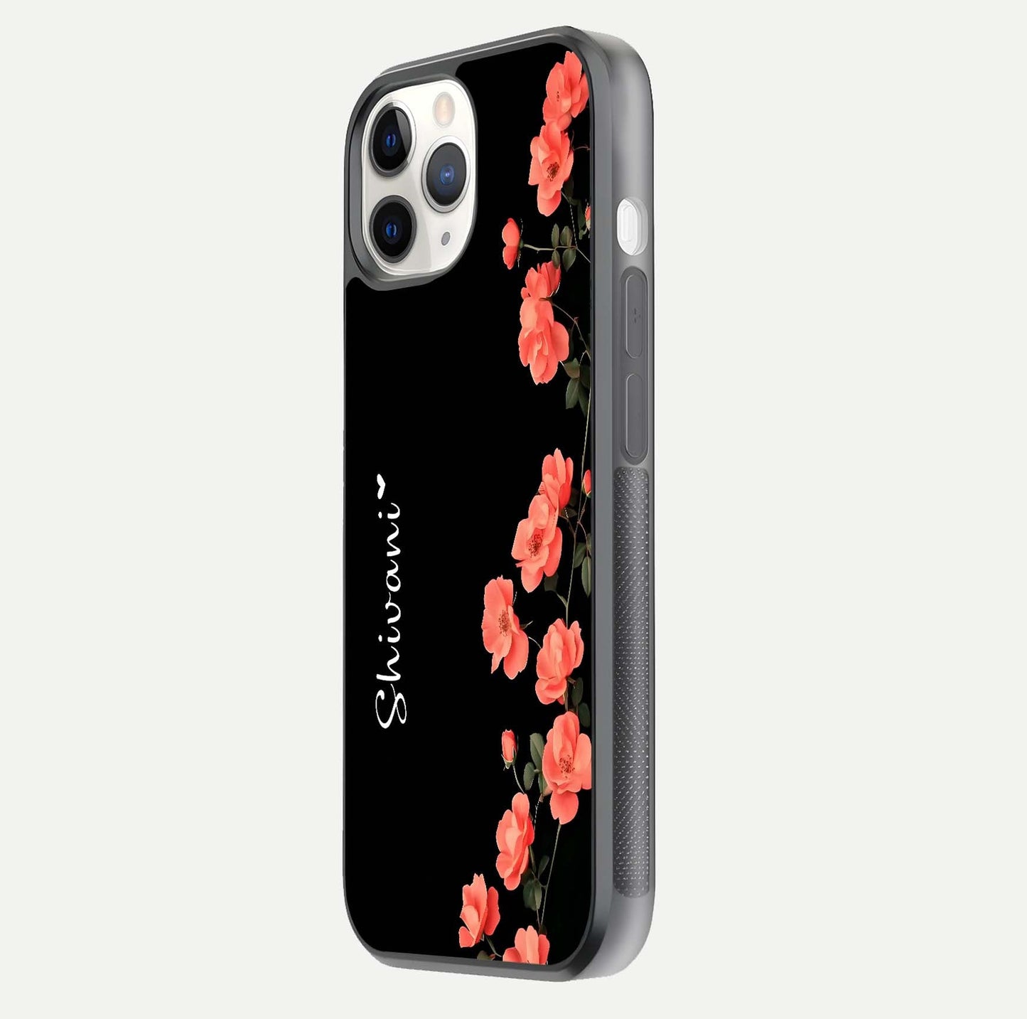 Crimson Bloom Grace Custom Name Glass Case for iPhone 11 Pro side-angle photo capturing edge glow and name clarity