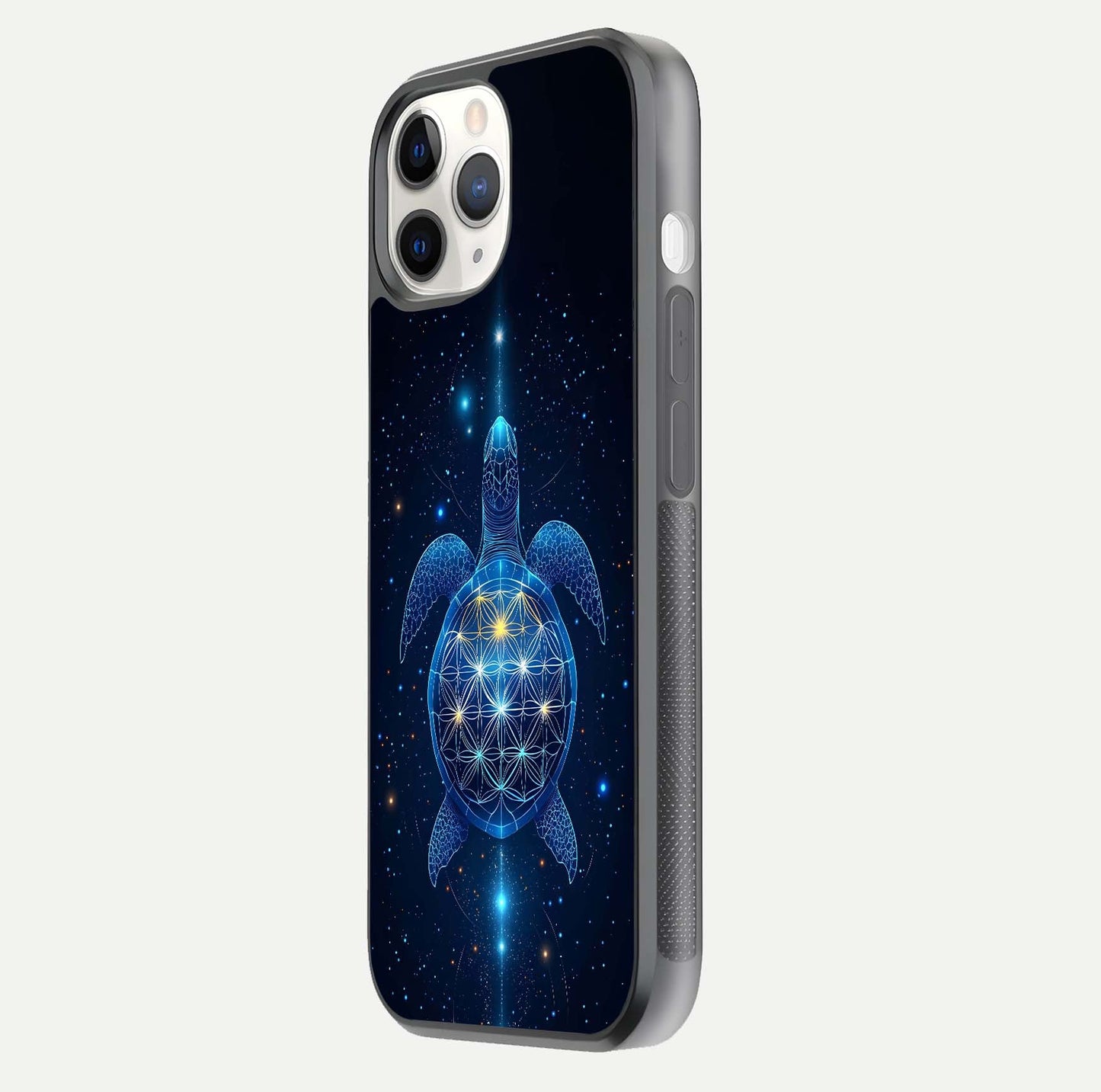 Crimson Blue Turtle Glass Case for iPhone 11 Pro side-angle photo showing curved edge and glass gloss