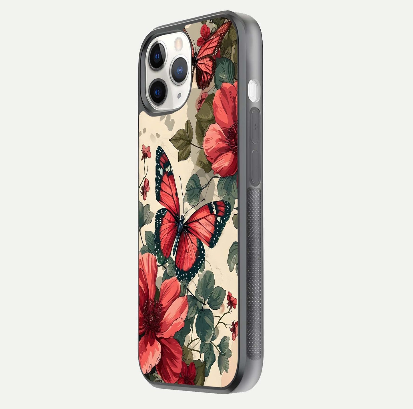 Crimson Butterfly Garden Glass Case for iPhone 11 Pro side-angle photo capturing gloss texture and soft tone