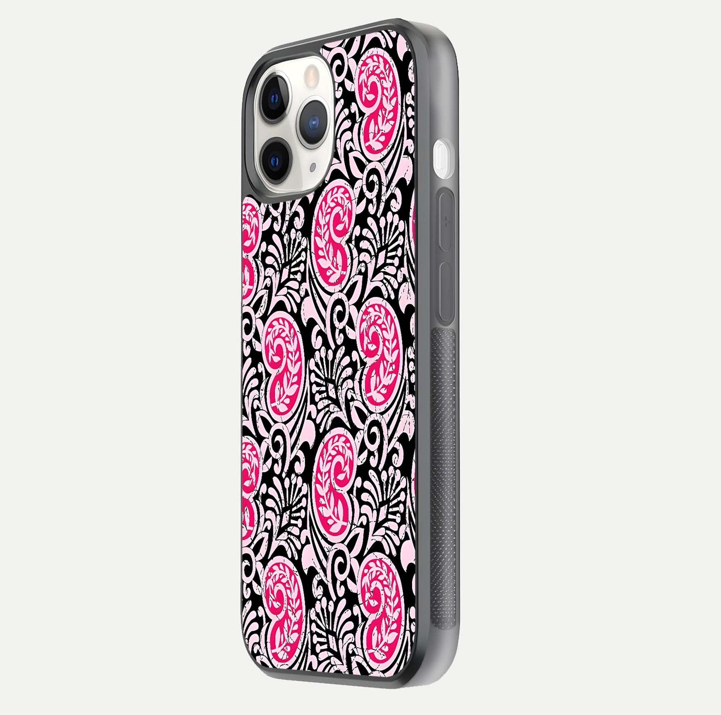 Crimson Paisley Charm Glass Case for iPhone 11 Pro side-angle image showing reflection and smooth edges