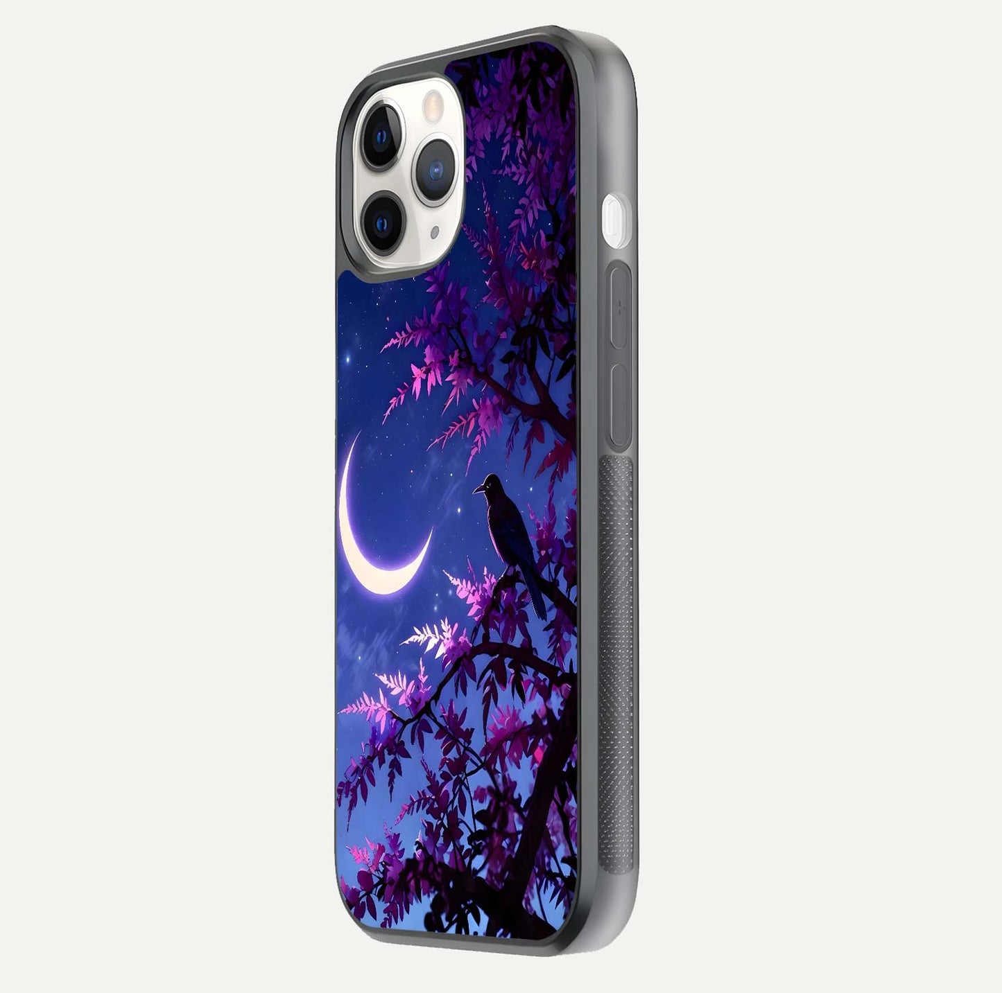Crow & Moon Scenery Glass Case for iPhone 11 Pro side-angle photo capturing glossy shine and artistic contrast