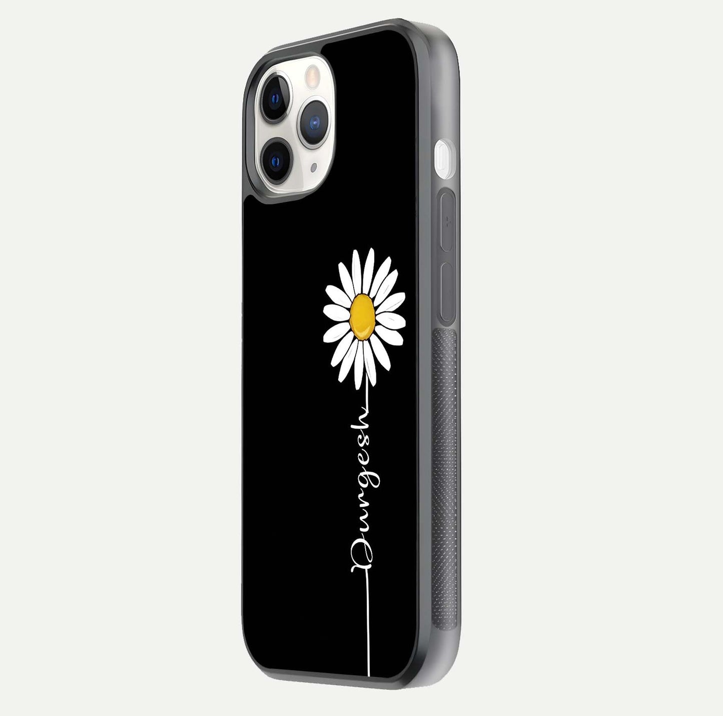 Custom Name White Flower Glass Case for iPhone 11 Pro side-angle photo showing reflection shine and name clarity