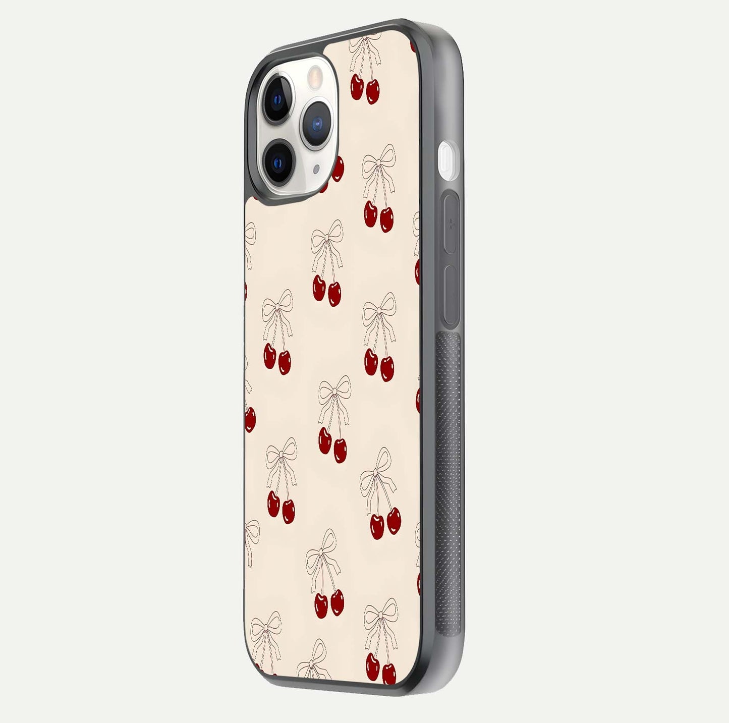Cute Cherry Pattern Glass Case for iPhone 11 Pro side-angle photo highlighting gloss curve and pattern clarity