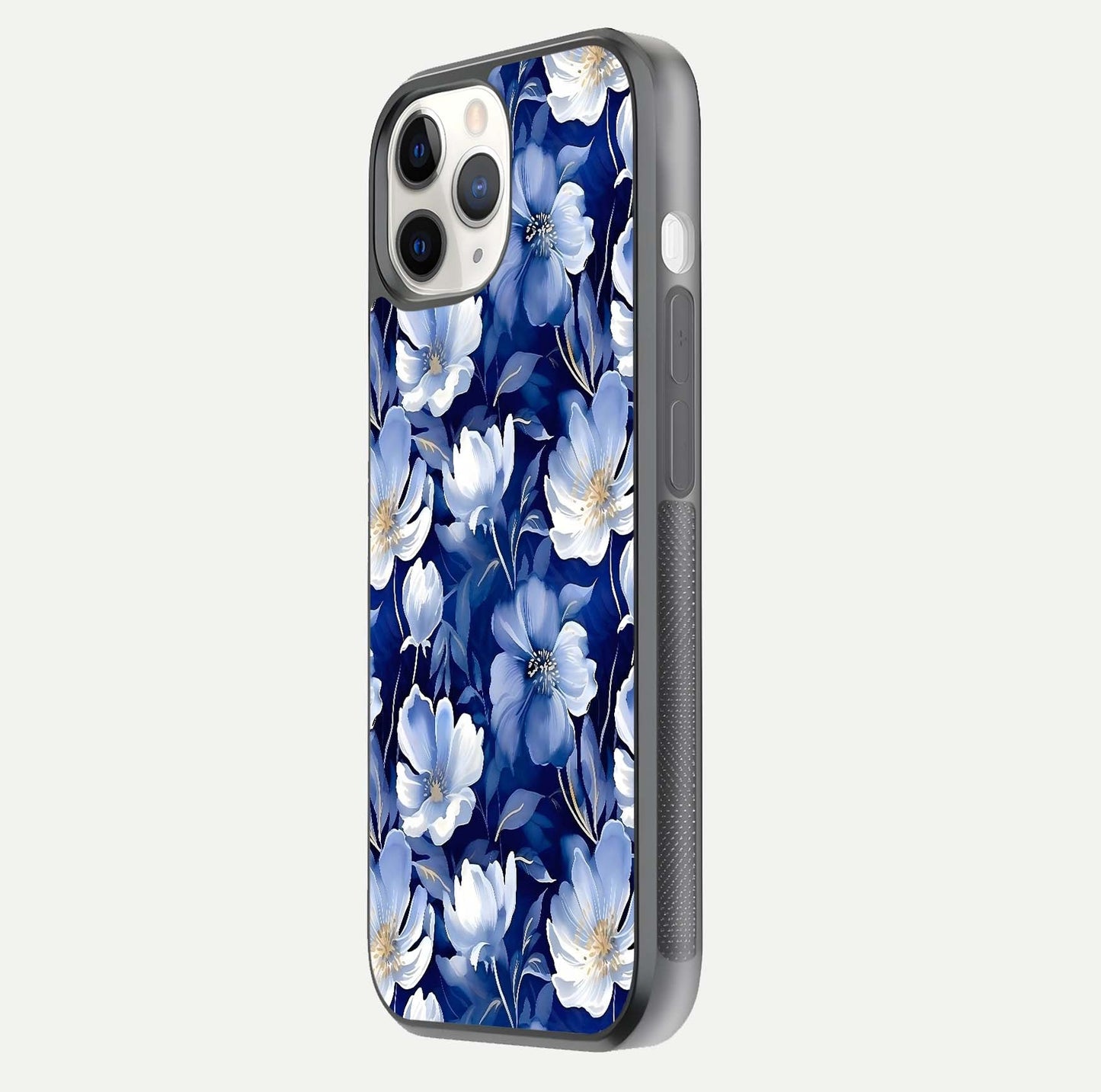 Cute Floral Patterns Glass Case for iPhone 11 Pro side-angle image showing polished surface and gloss tone