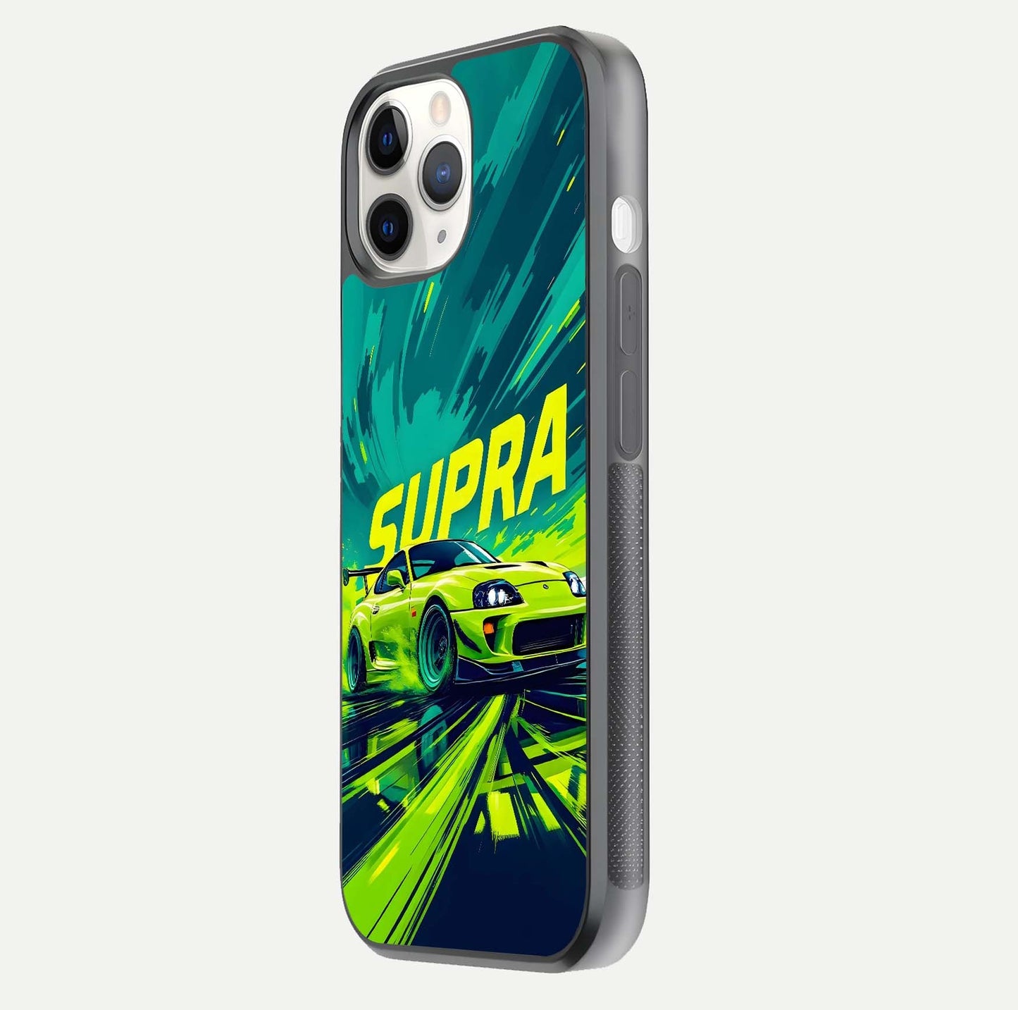 Electric Supra Thunder Glass Case for iPhone 11 Pro side-angle photo showing sleek car outline and reflective shine