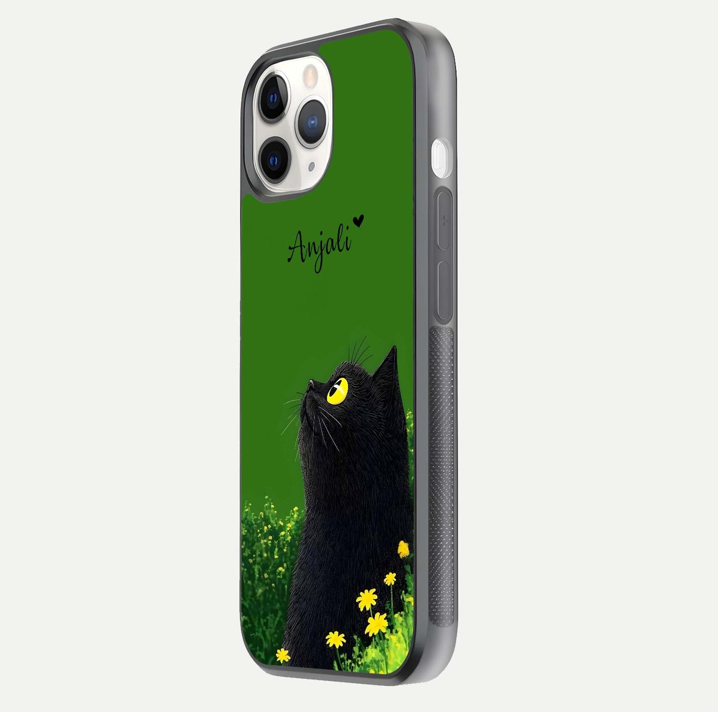 Emerald Cat Custom Name Glass Case for iPhone 11 Pro side-angle photo showing name clarity and glass reflection