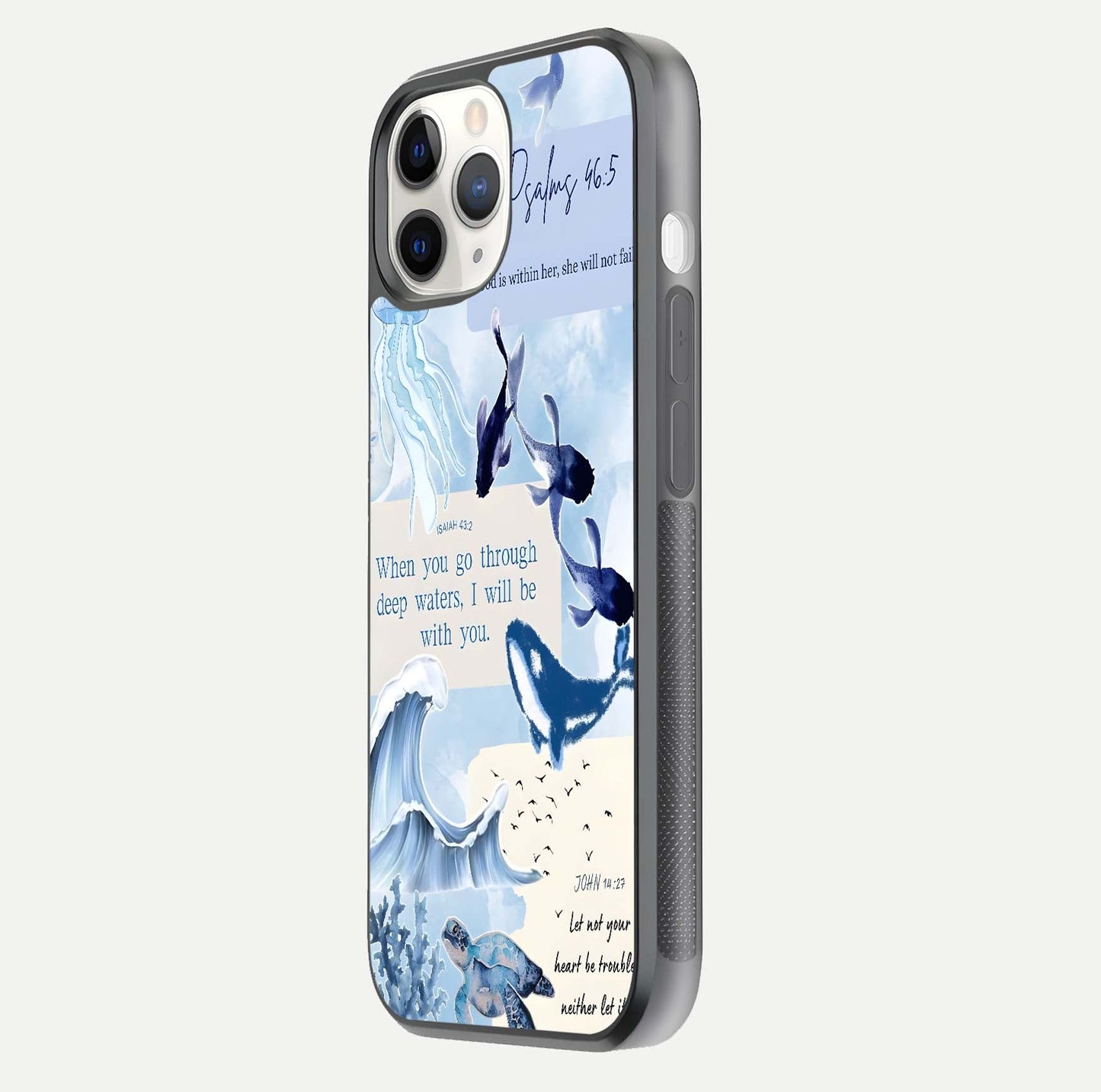 Faithful Ocean Promise Glass Case for iPhone 11 Pro side-angle photo showing reflection glow and color clarity