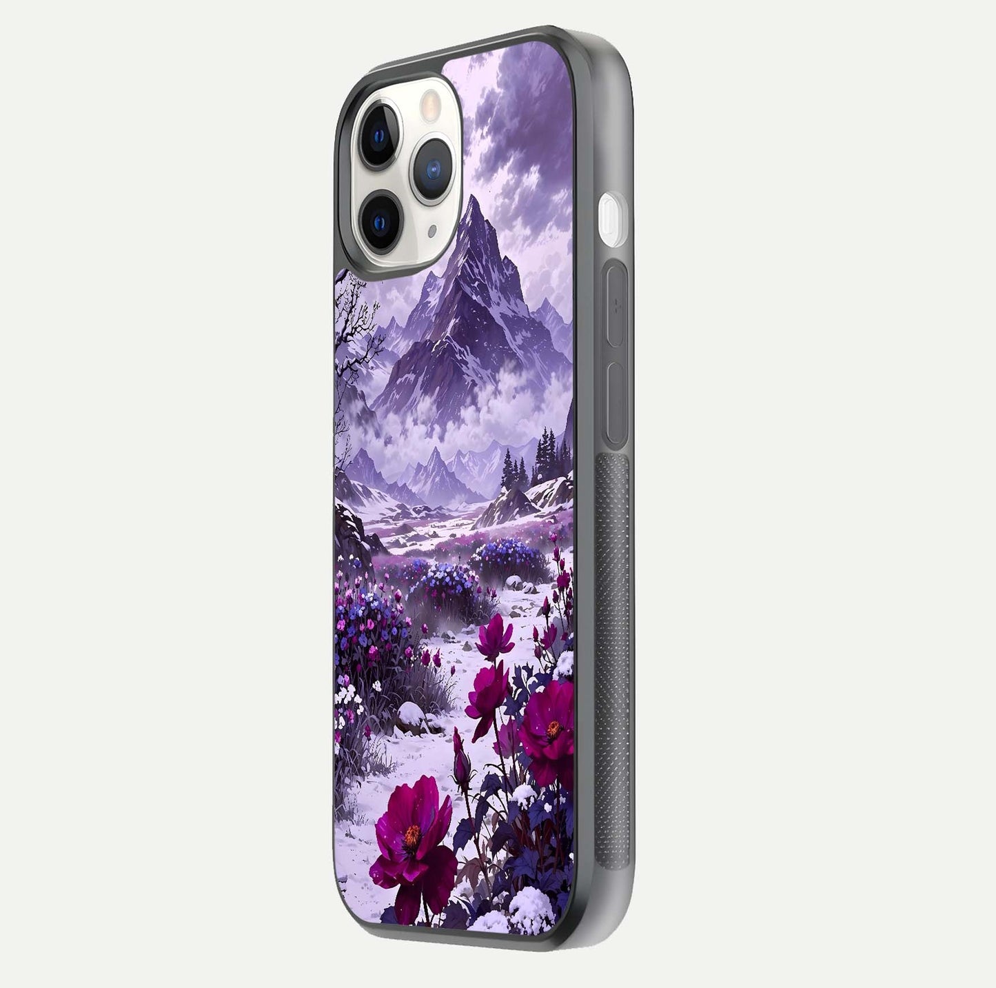 Flower Mountain View Glass Case for iPhone 11 Pro side-angle image showing gloss polish and smooth edge