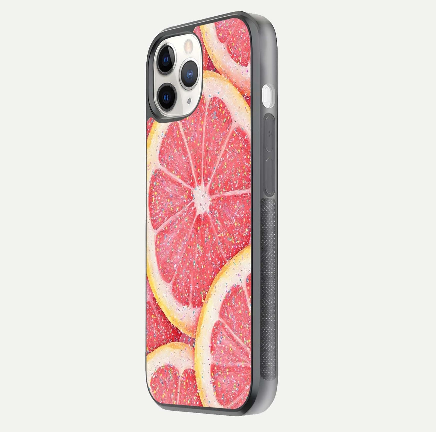 Glitter Grapefruit Glass Case for iPhone 11 Pro side-angle image showing reflection glow and polished edges