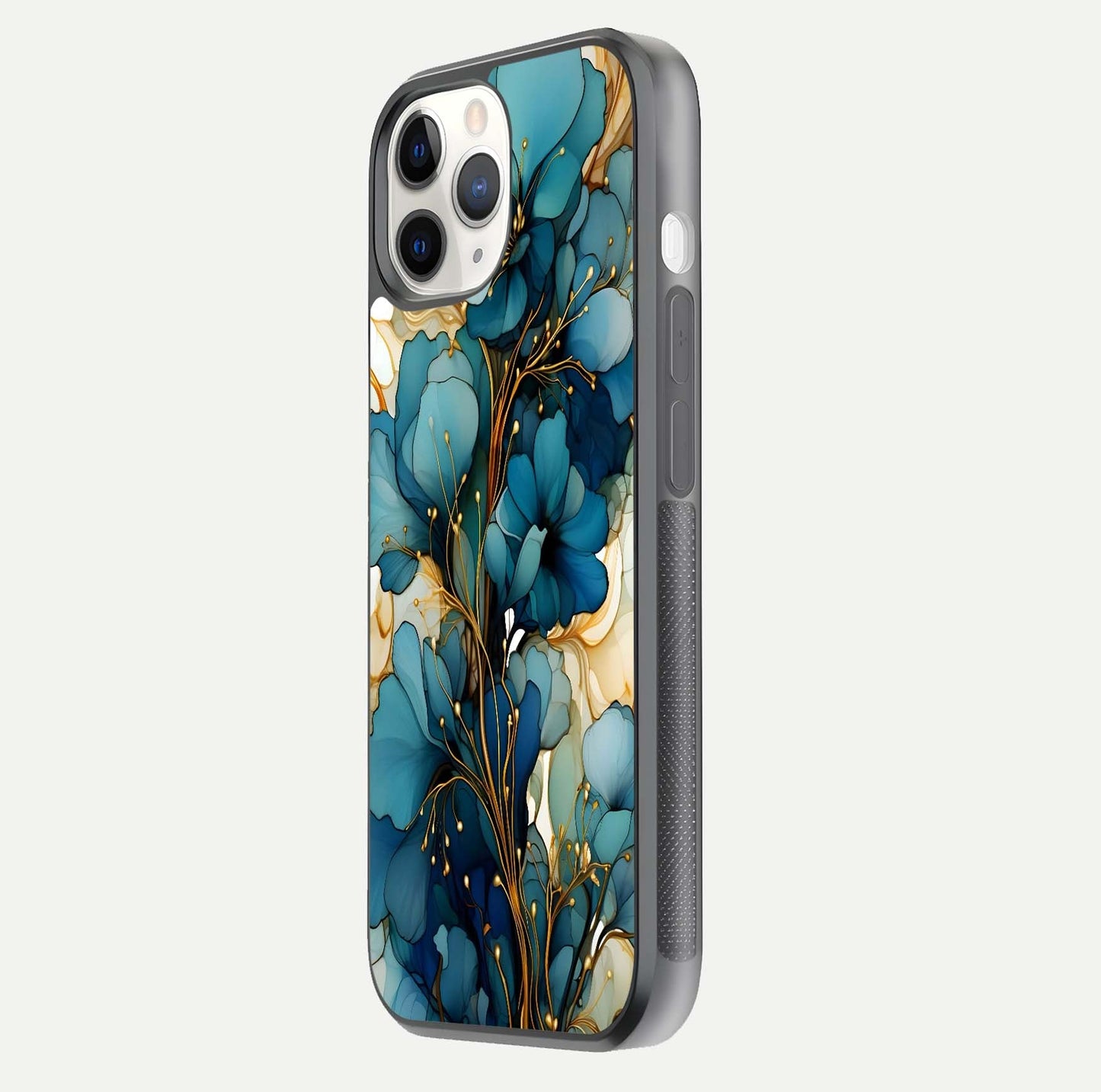 Golden Bloom Symphony Glass Case for iPhone 11 Pro side-angle image showing golden glow, light reflection, and premium surface