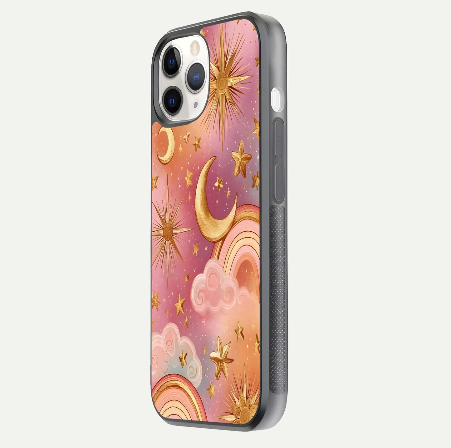 Golden Celestial Dreams Glass Case for iPhone 11 Pro side-angle image capturing reflection brightness and starry detail