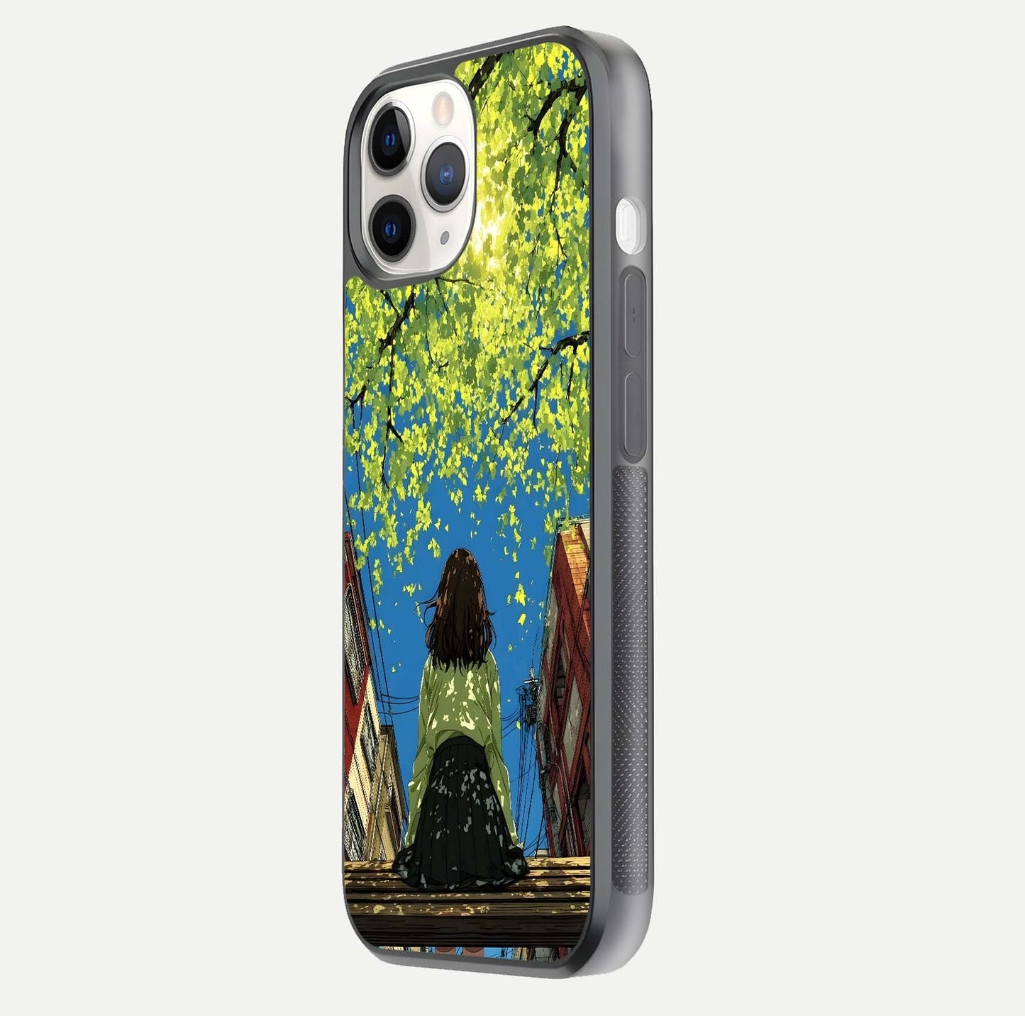 Golden Leaves Glow Glass Case for iPhone 11 Pro side-angle image showing reflection polish and elegant pattern