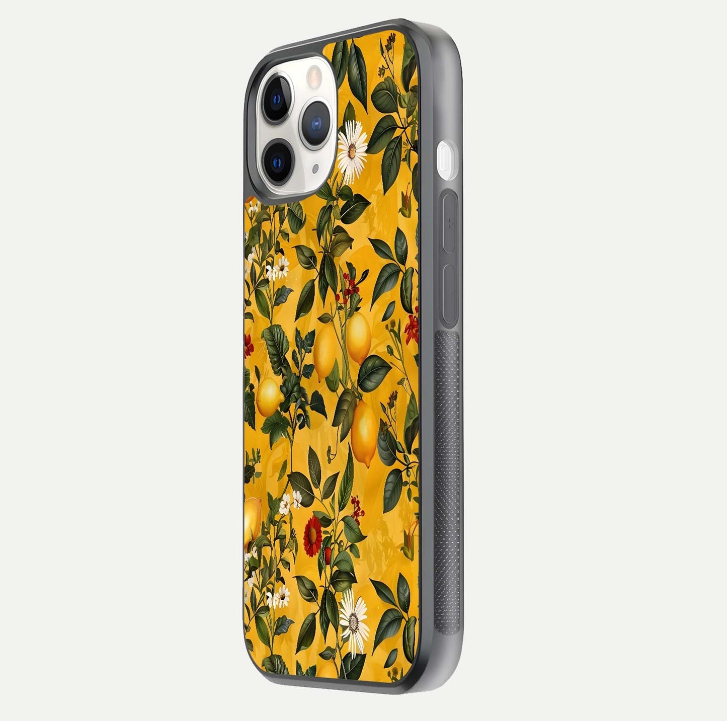 Golden Lemon Field Glass Case for iPhone 11 Pro side-angle image showing reflection clarity and juicy color tone